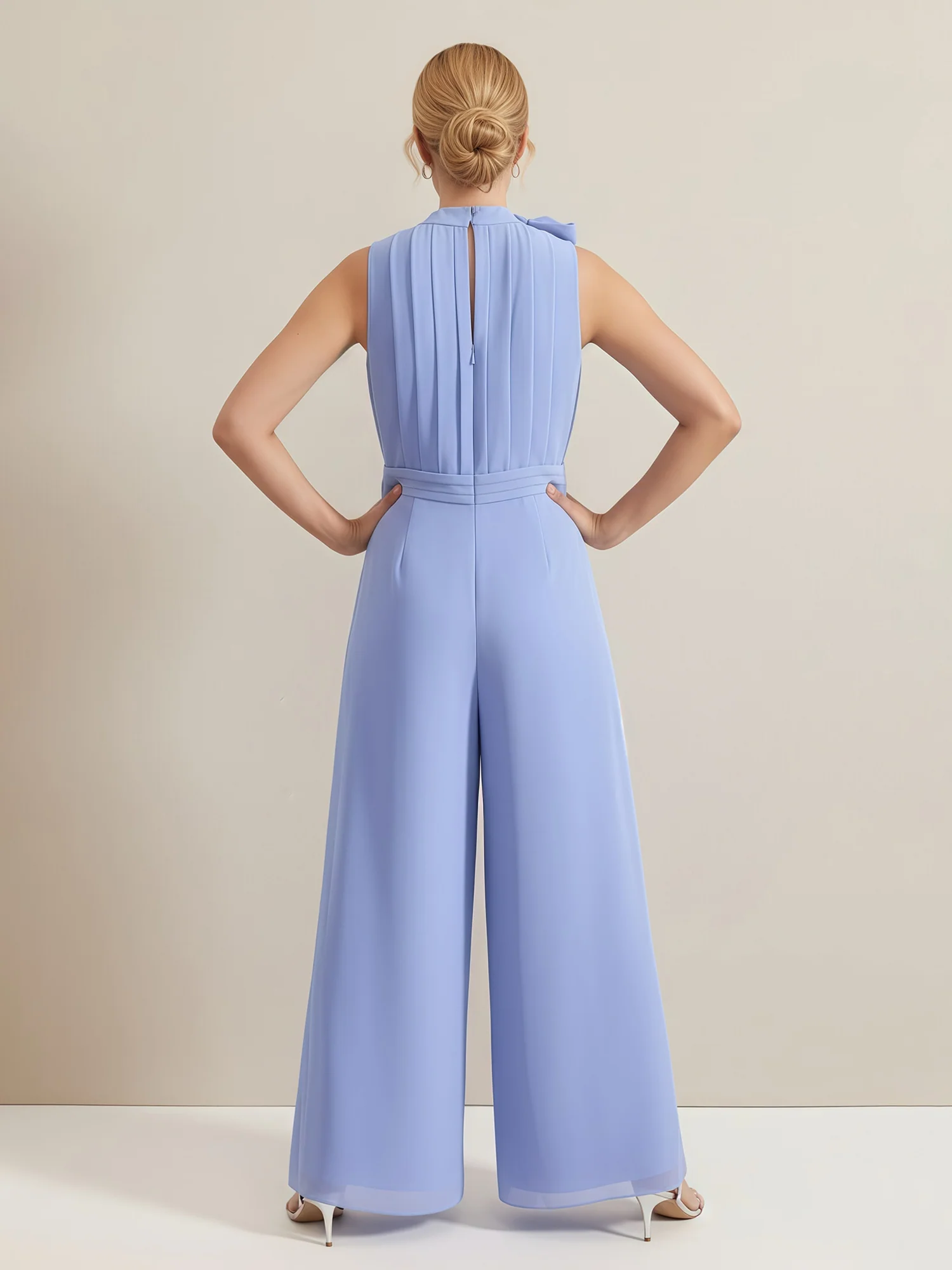 Bow High Neck Pleated Sleeveless Jumpsuit Lavender - Image 2