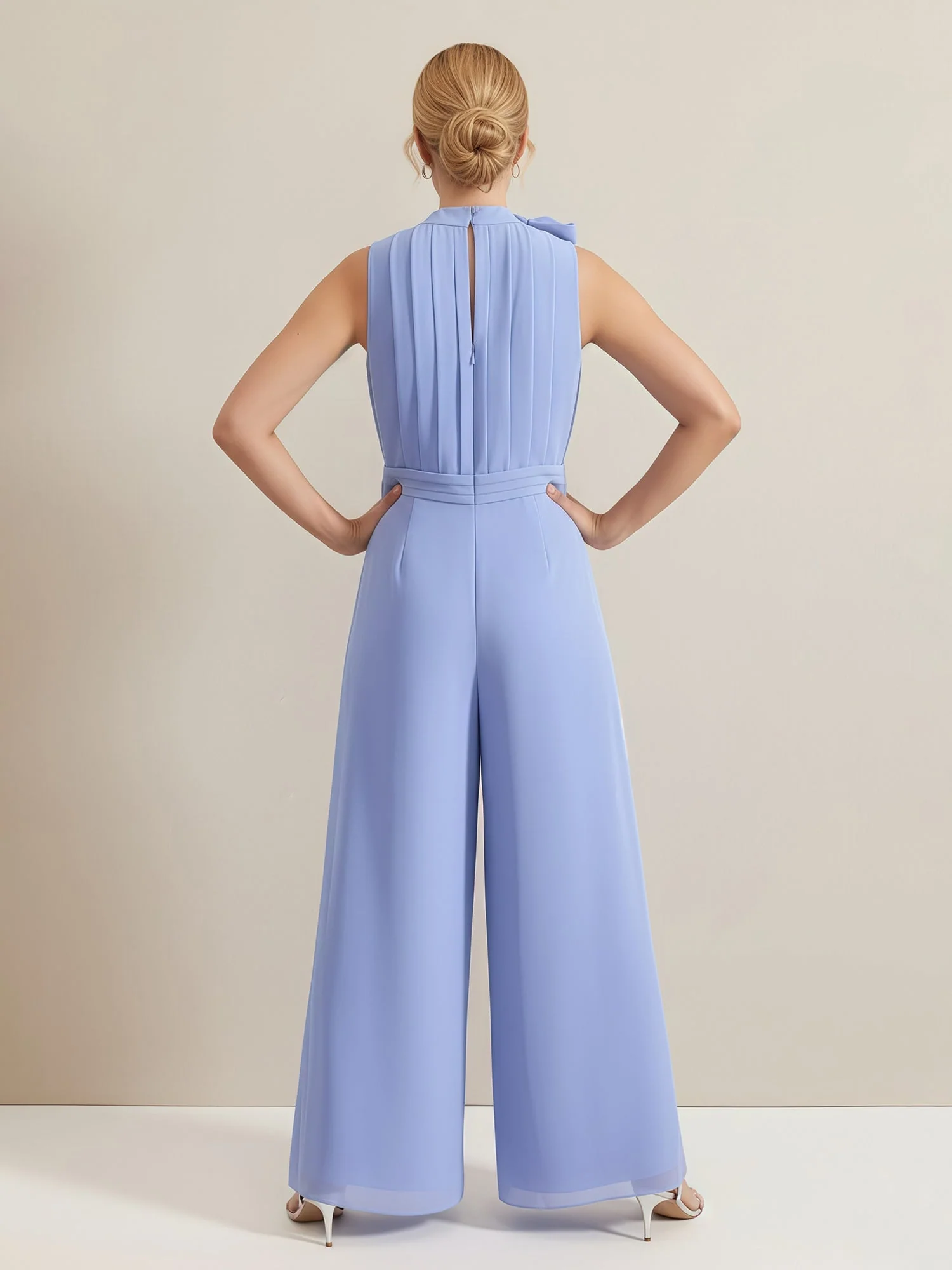 Bow High Neck Pleated Sleeveless Jumpsuit Sunset - Image 2