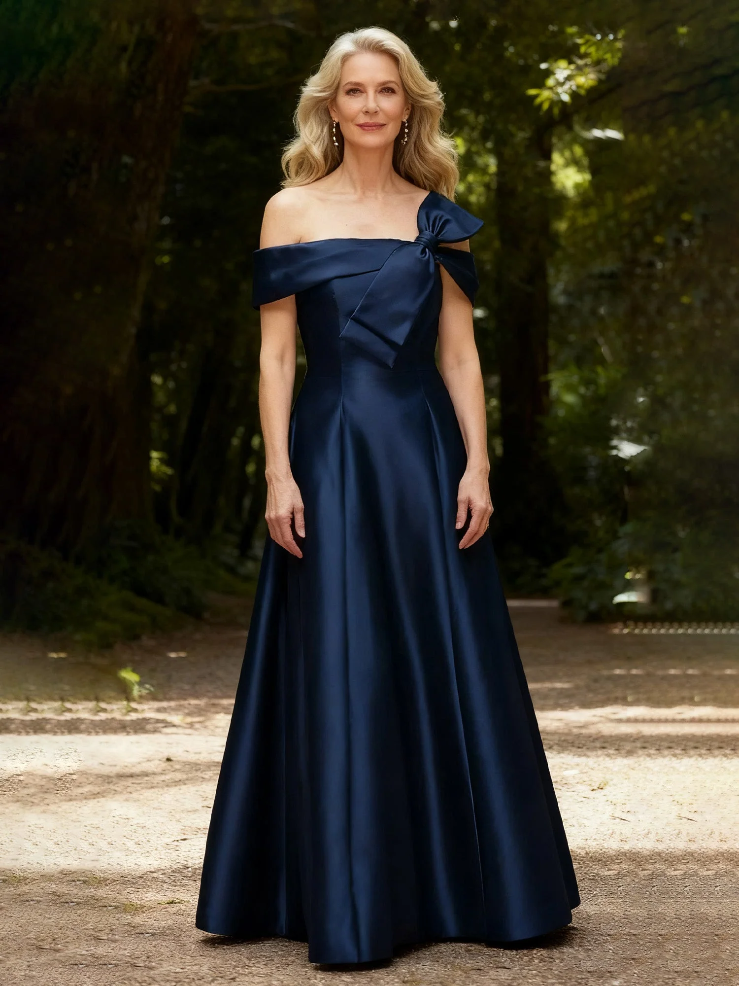Bow Off-the-Shoulder A-Line Long Satin Dress Daffodil