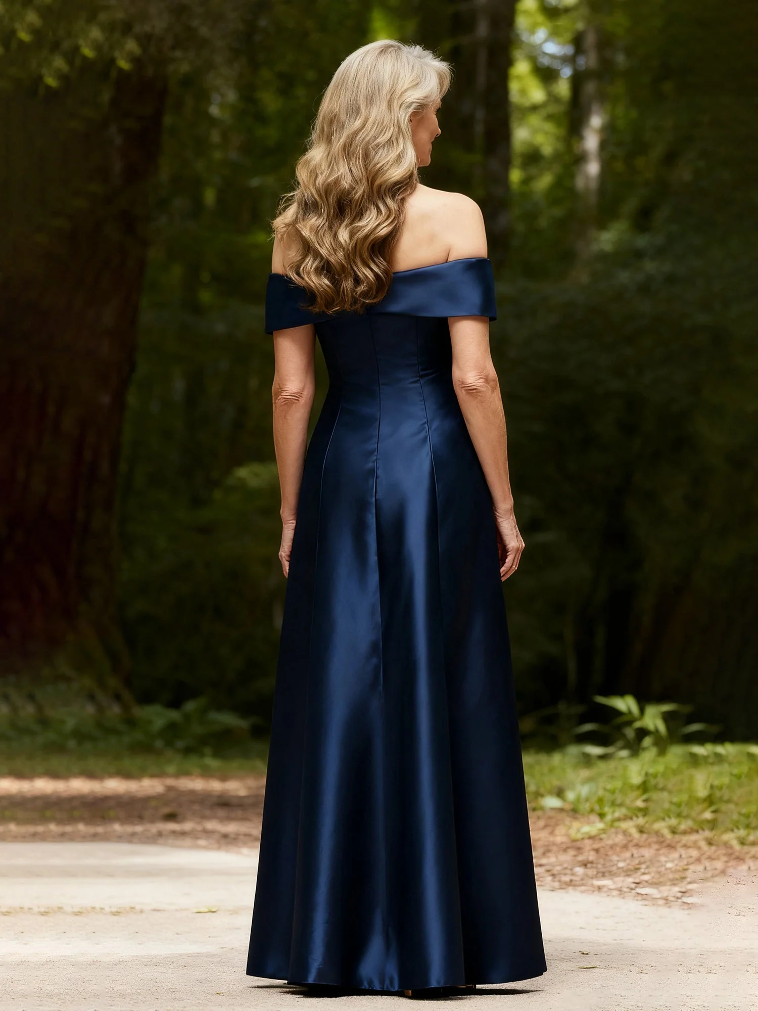 Bow Off-the-Shoulder A-Line Long Satin Dress Royal Blue - Image 2