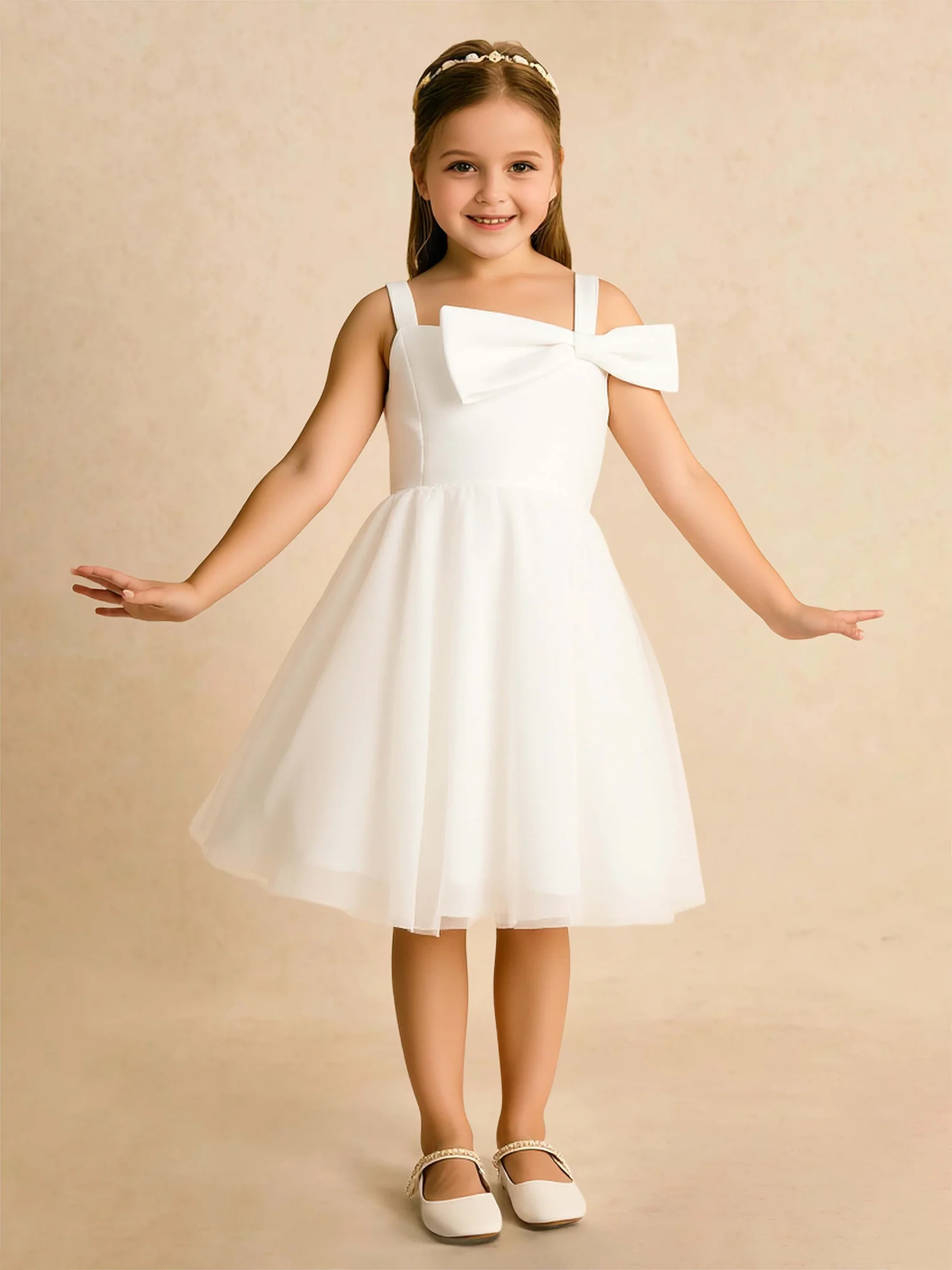 Bow Square Neck A-Line Tulle Flower Girl Dress White