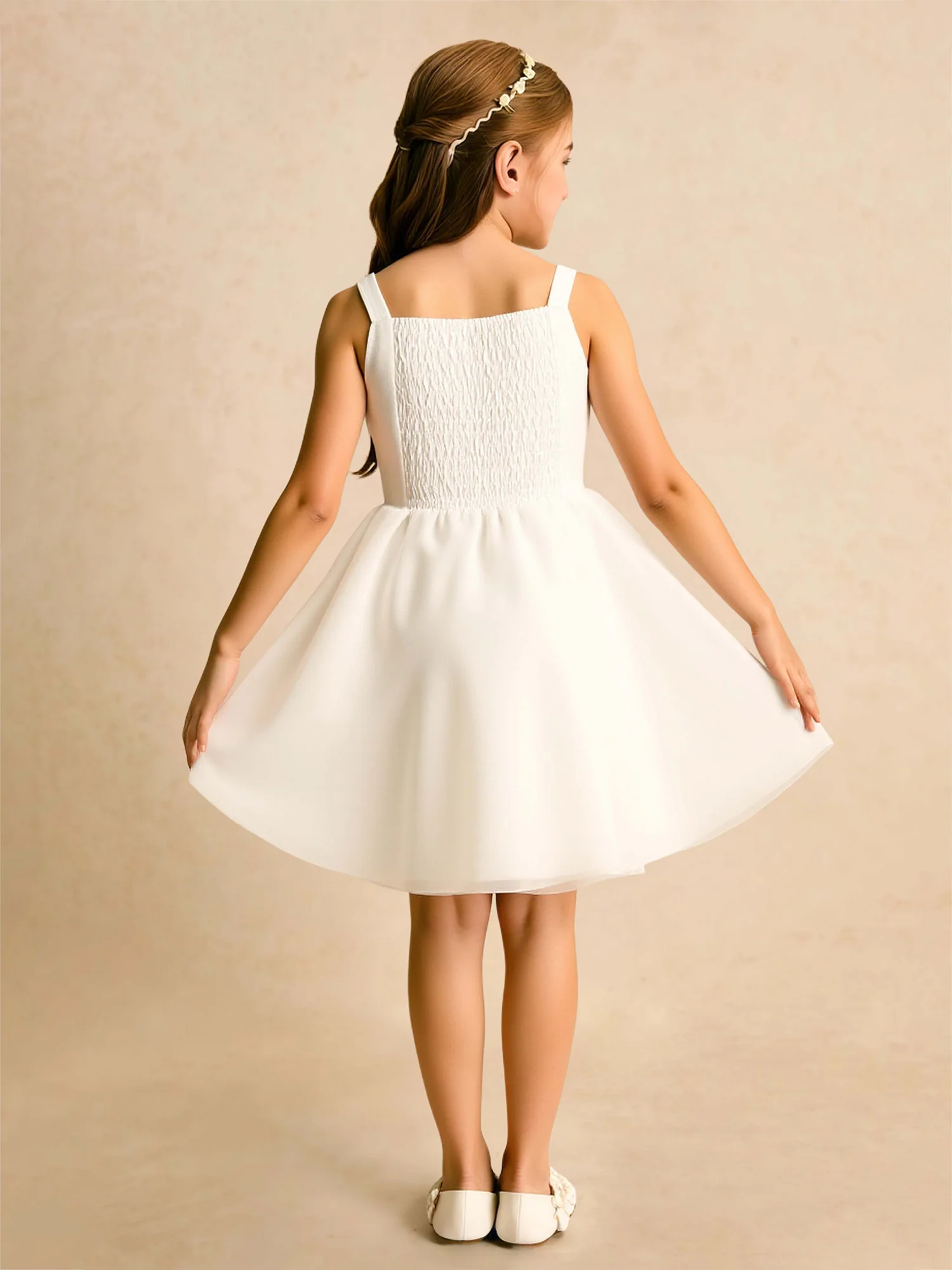Bow Square Neck A-Line Tulle Flower Girl Dress White - Image 2