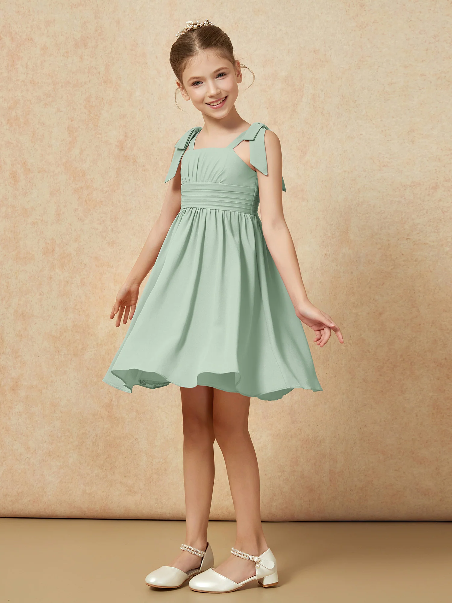 Bowknot Straps Knee-length Junior Bridesmaid Dresses Agave - Image 3