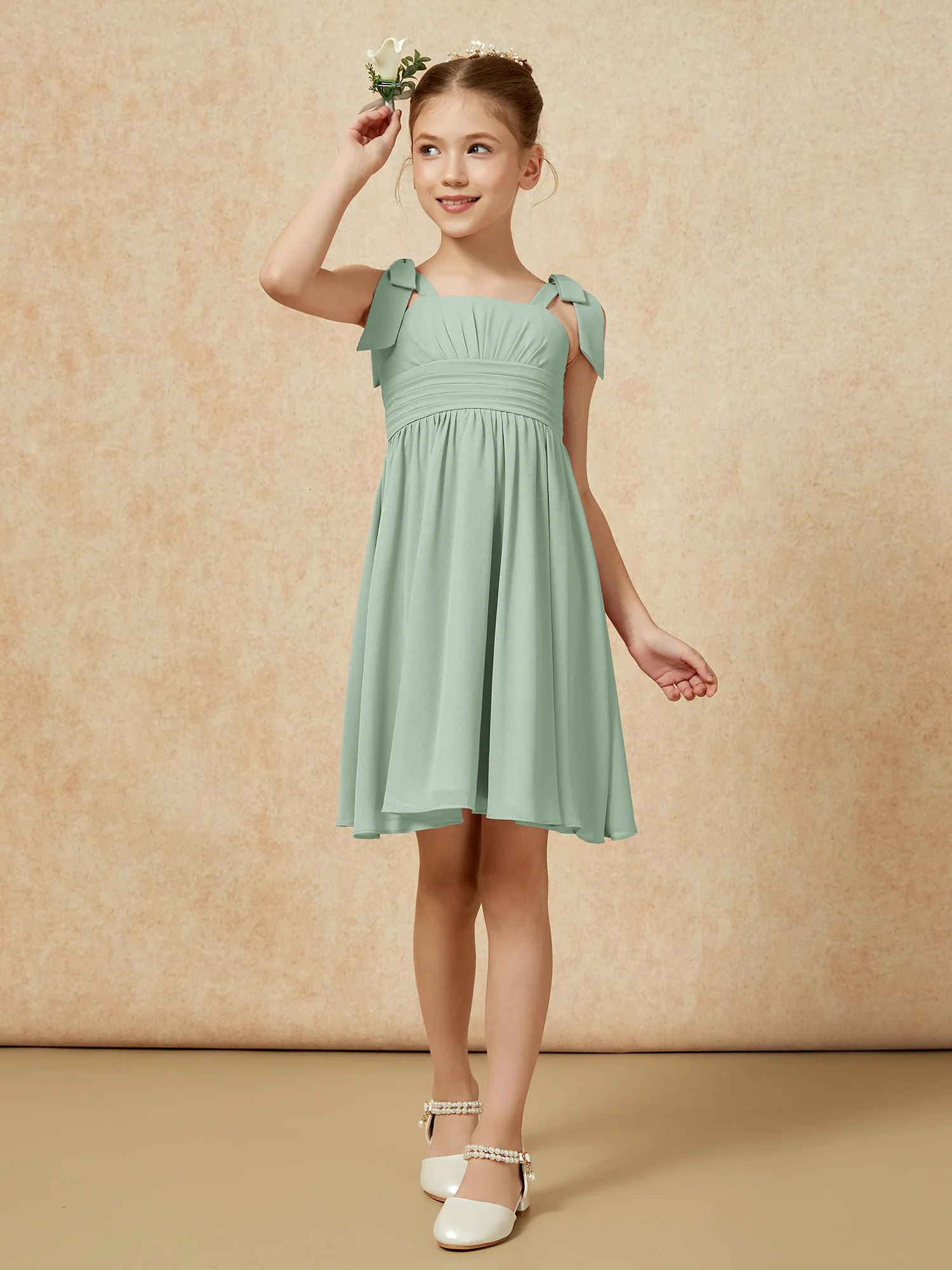 Bowknot Straps Knee-length Junior Bridesmaid Dresses Agave - Image 4