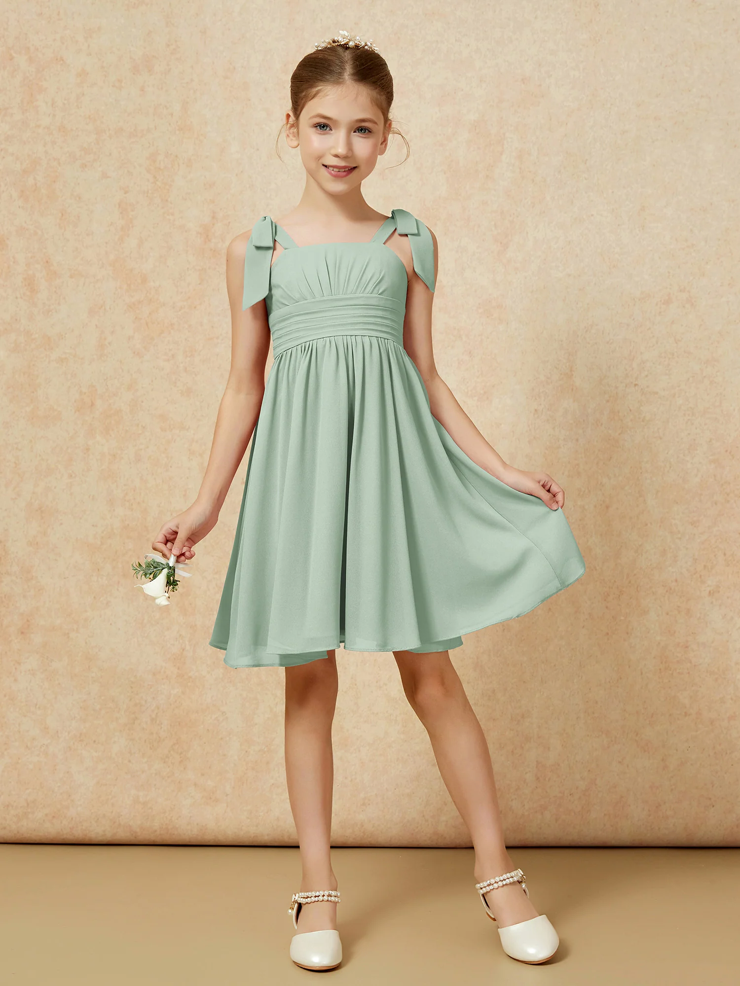 Bowknot Straps Knee-length Junior Bridesmaid Dresses Agave - Image 5