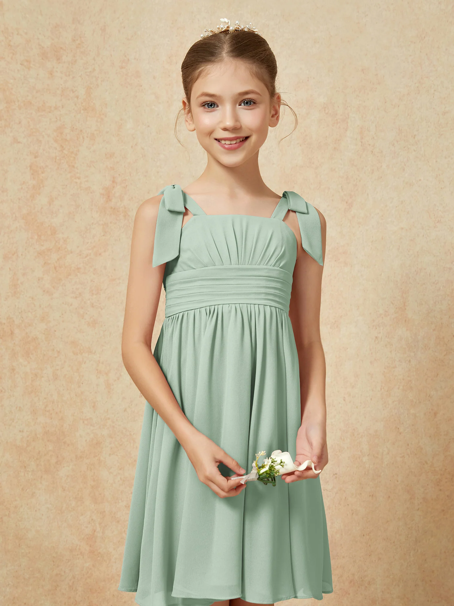 Bowknot Straps Knee-length Junior Bridesmaid Dresses Agave - Image 6