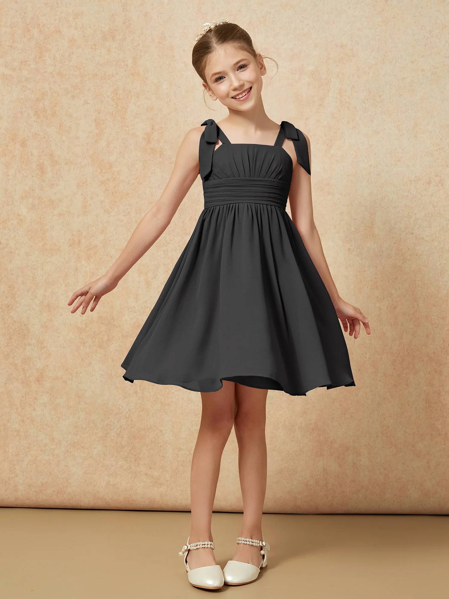 Bowknot Straps Knee-length Junior Bridesmaid Dresses Black