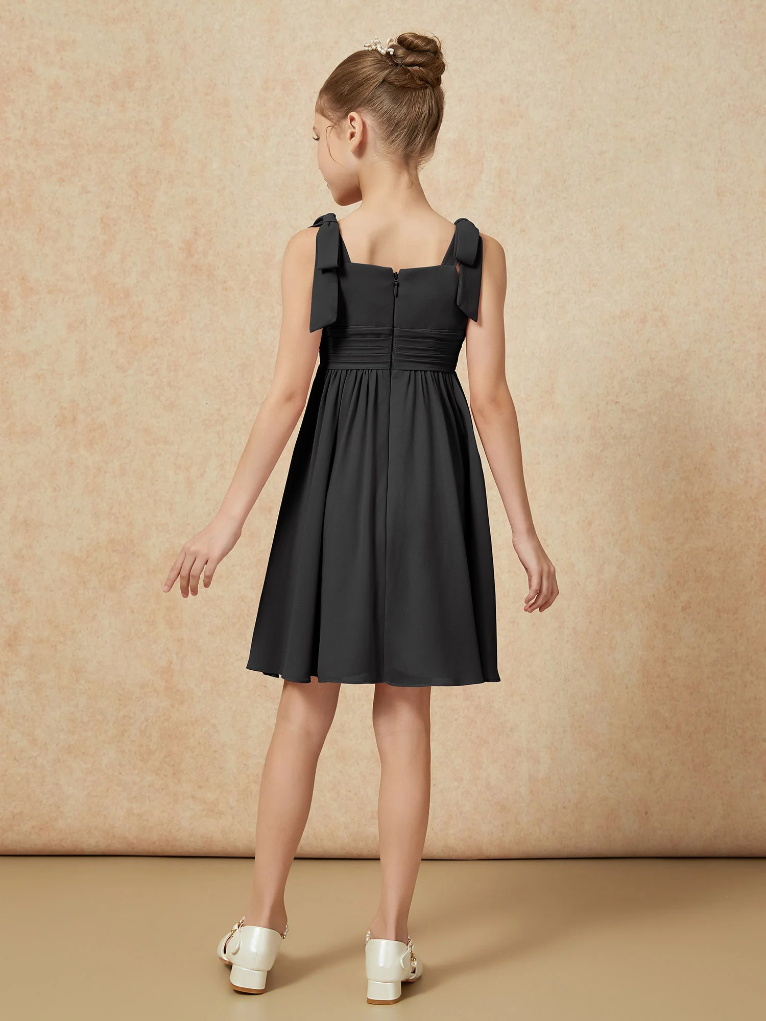 Bowknot Straps Knee-length Junior Bridesmaid Dresses Black - Image 2