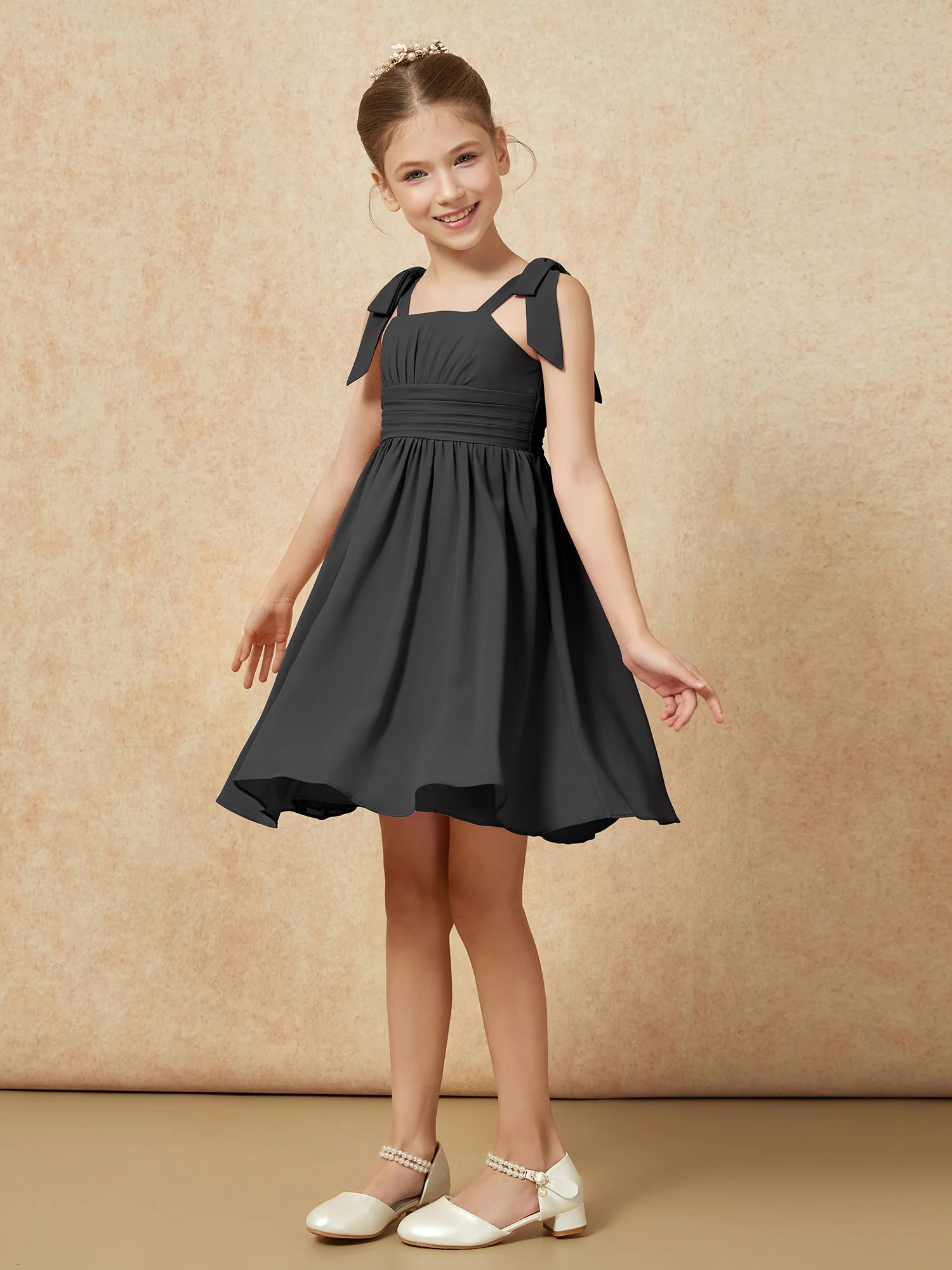 Bowknot Straps Knee-length Junior Bridesmaid Dresses Black - Image 3