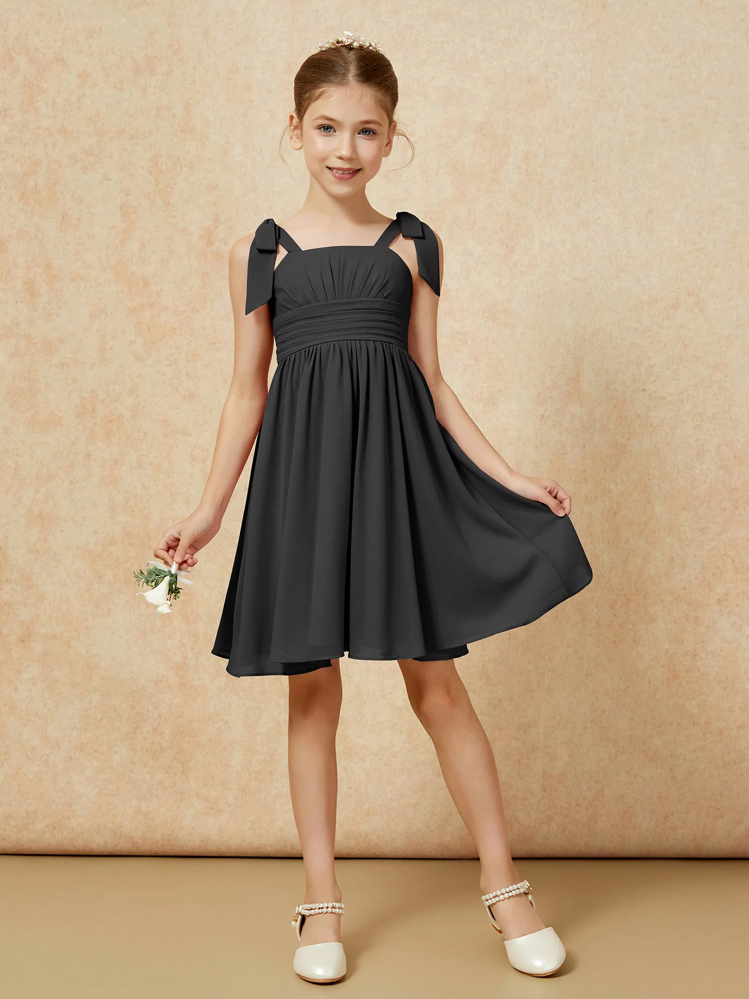 Bowknot Straps Knee-length Junior Bridesmaid Dresses Black - Image 5