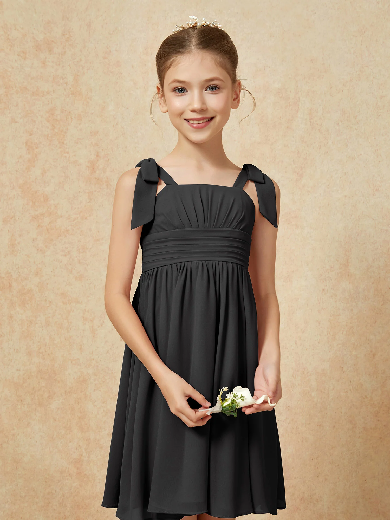 Bowknot Straps Knee-length Junior Bridesmaid Dresses Black - Image 6