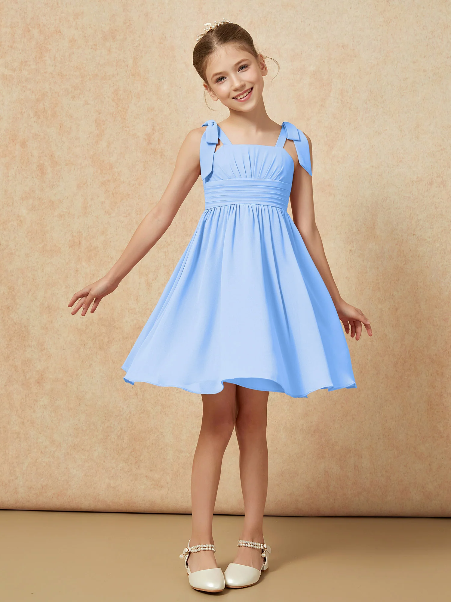 Bowknot Straps Knee-length Junior Bridesmaid Dresses Blue