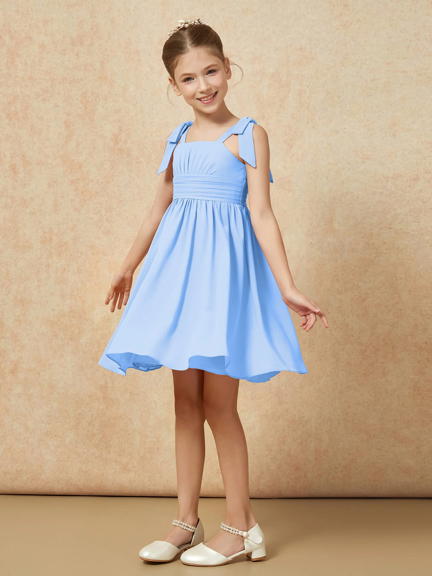 Bowknot Straps Knee-length Junior Bridesmaid Dresses Blue - Image 3