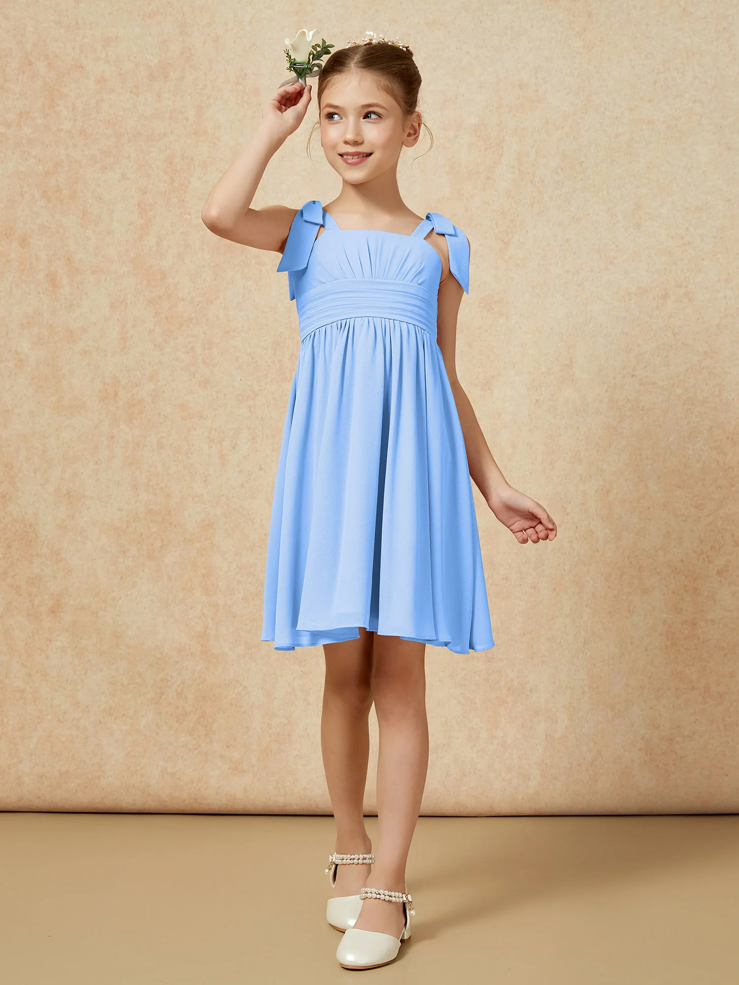 Bowknot Straps Knee-length Junior Bridesmaid Dresses Blue - Image 4