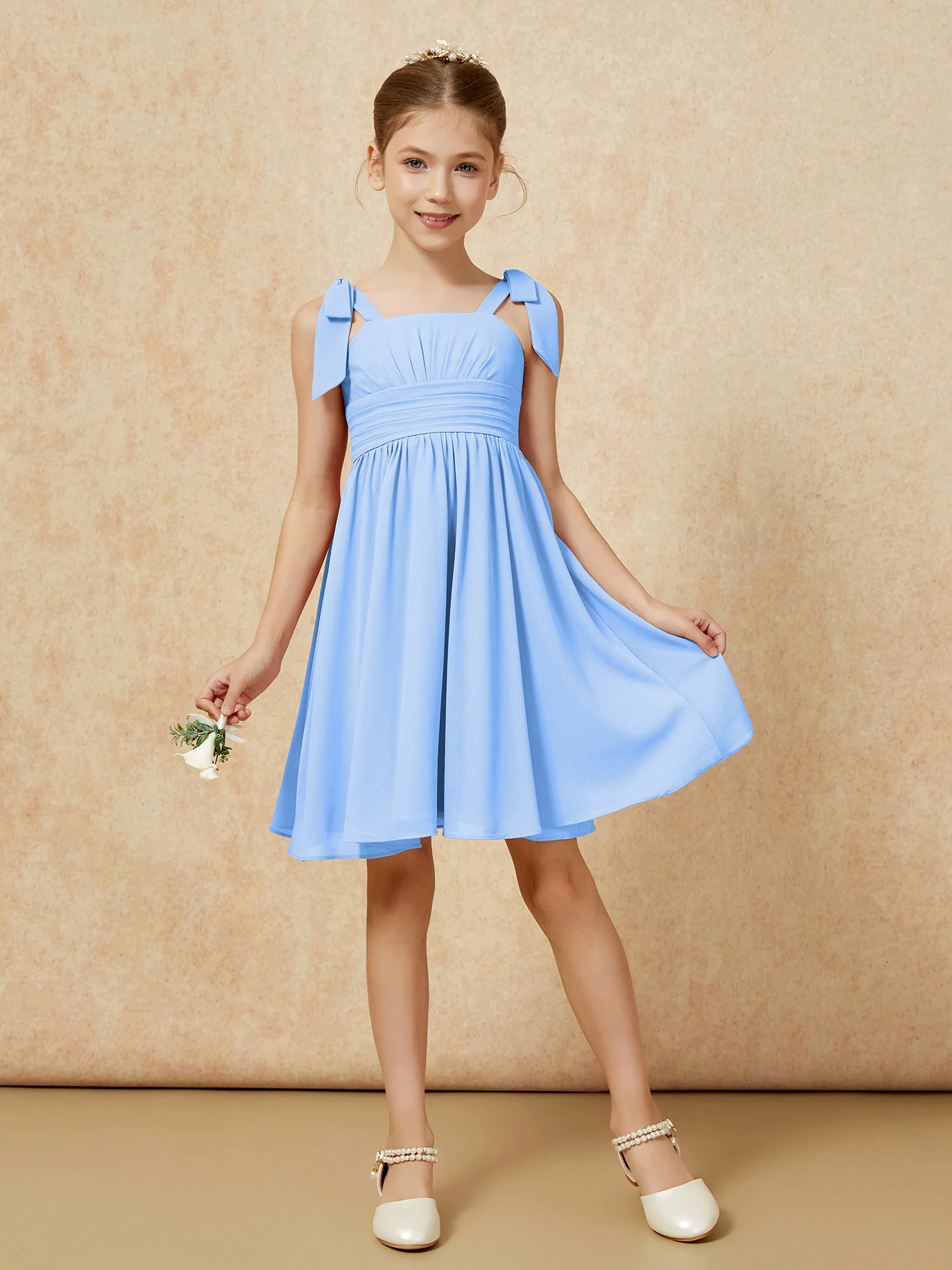 Bowknot Straps Knee-length Junior Bridesmaid Dresses Blue - Image 5