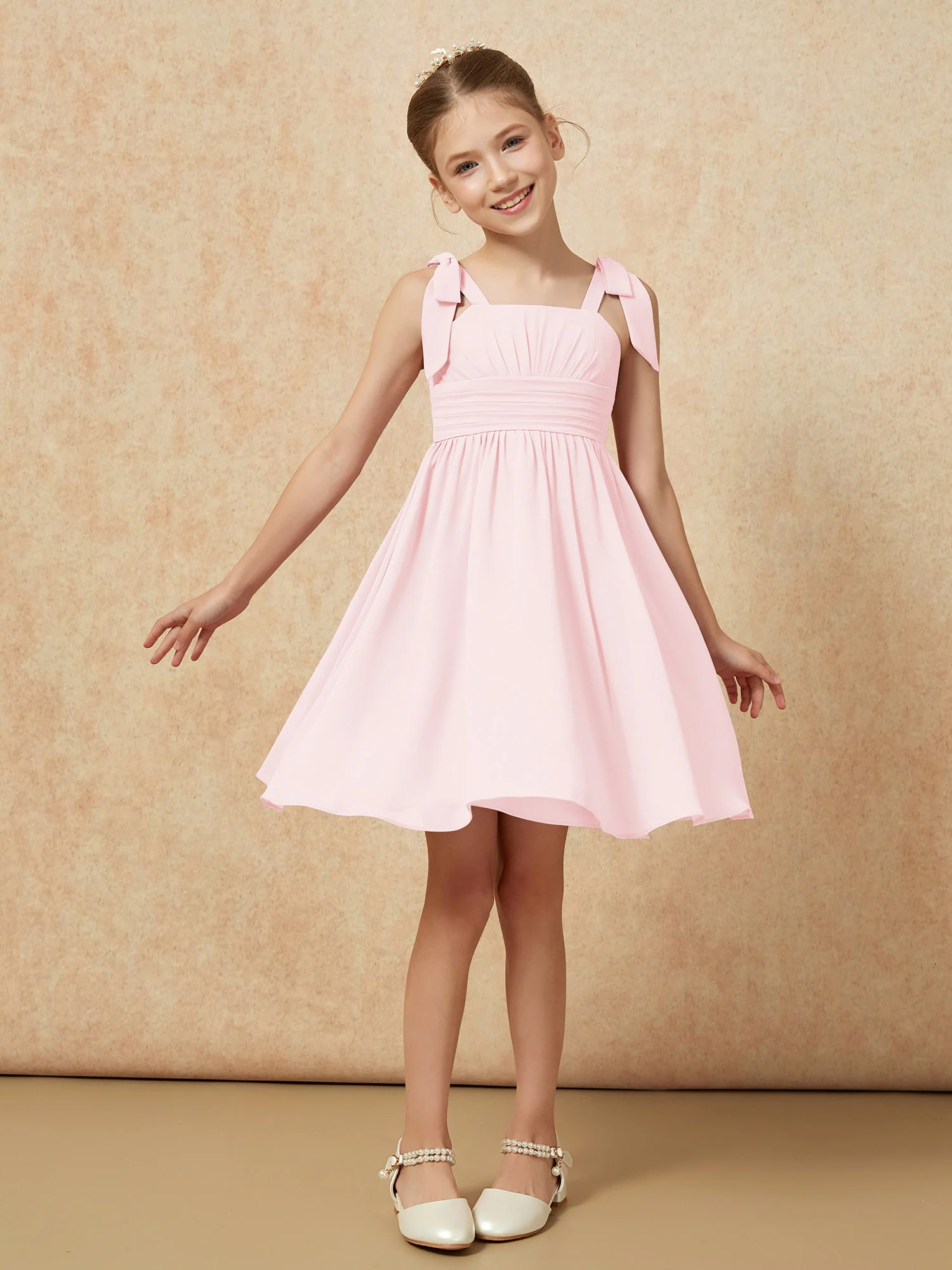 Bowknot Straps Knee-length Junior Bridesmaid Dresses Blushing Pink