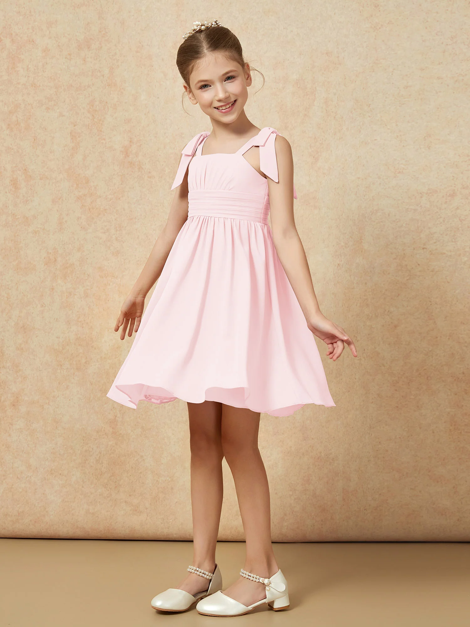 Bowknot Straps Knee-length Junior Bridesmaid Dresses Blushing Pink - Image 3