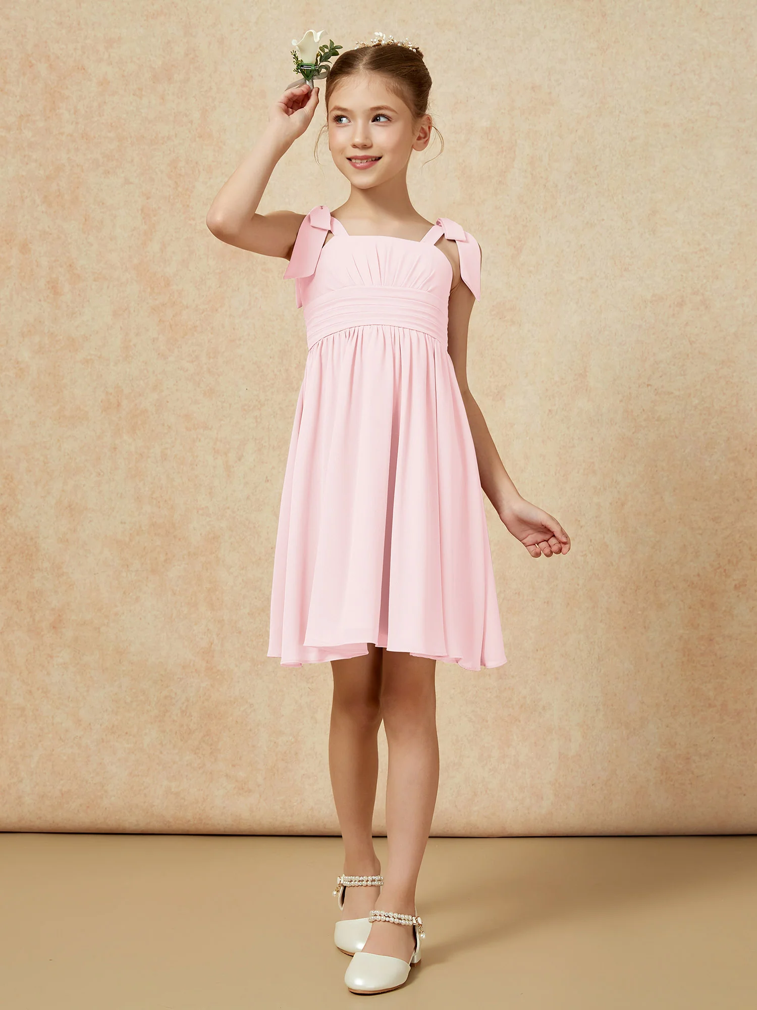 Bowknot Straps Knee-length Junior Bridesmaid Dresses Blushing Pink - Image 4