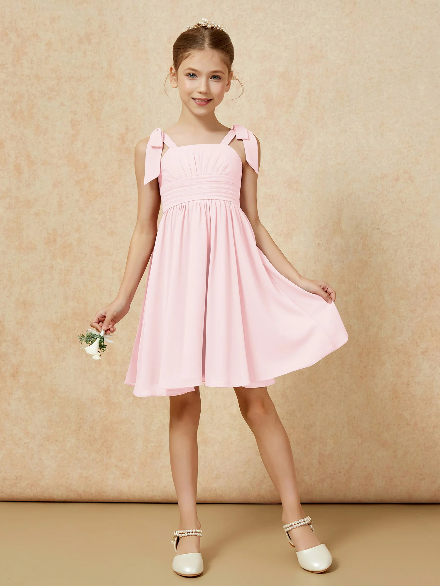Bowknot Straps Knee-length Junior Bridesmaid Dresses Blushing Pink - Image 5
