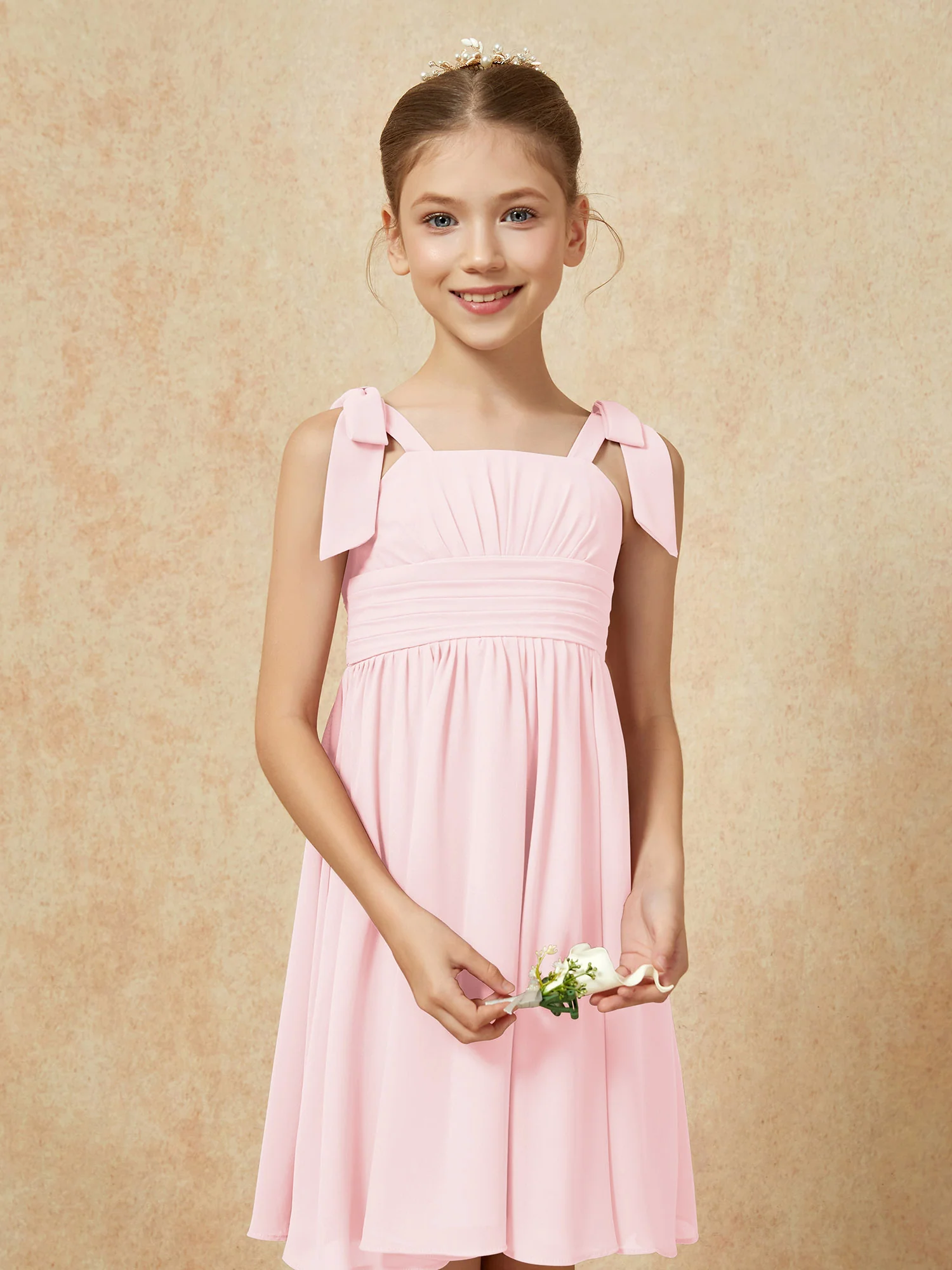 Bowknot Straps Knee-length Junior Bridesmaid Dresses Blushing Pink - Image 6