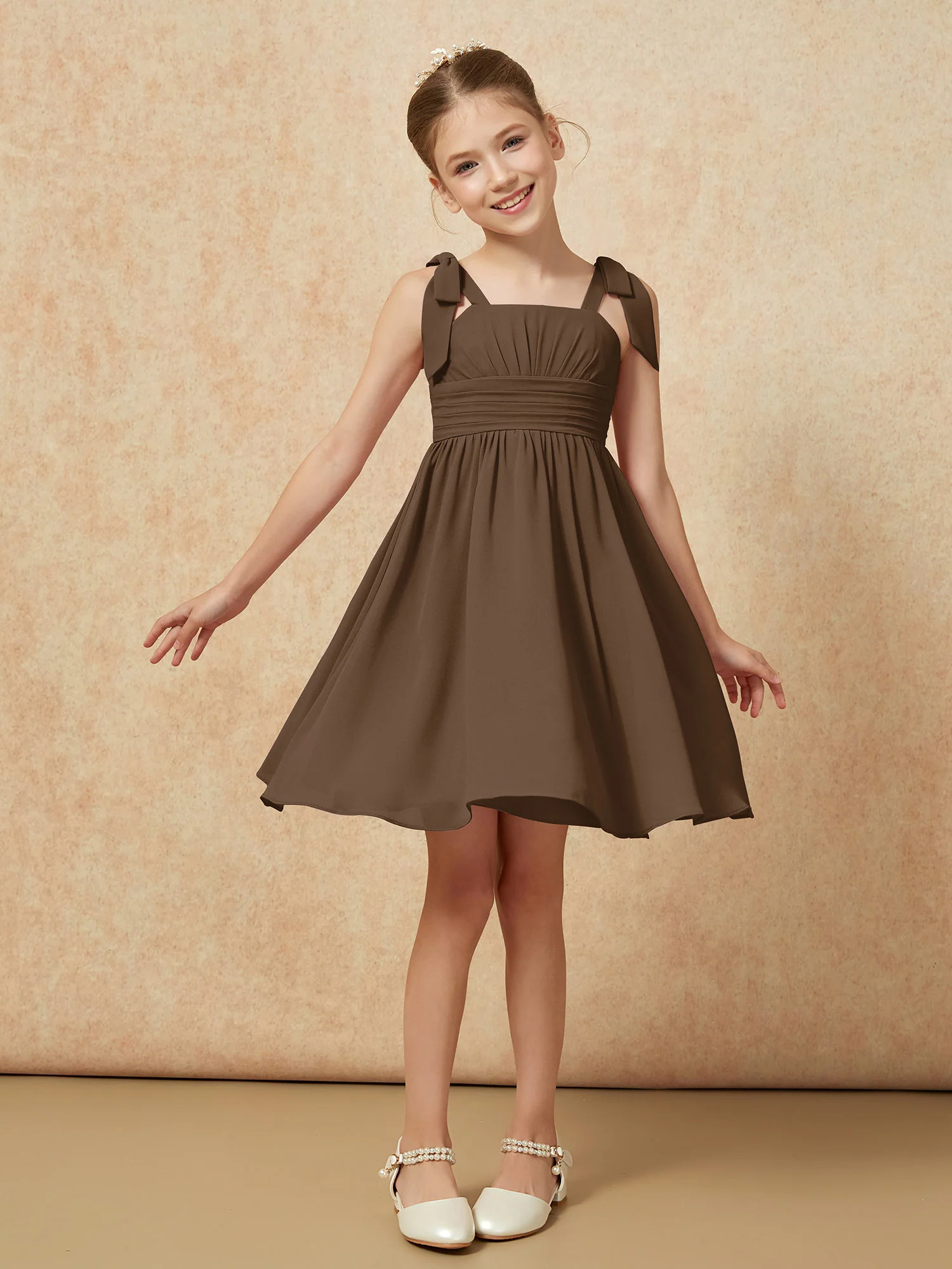 Bowknot Straps Knee-length Junior Bridesmaid Dresses Brown