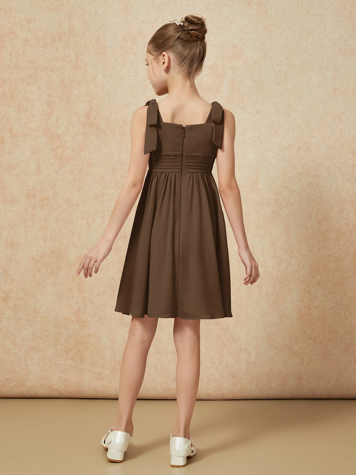 Bowknot Straps Knee-length Junior Bridesmaid Dresses Brown - Image 2
