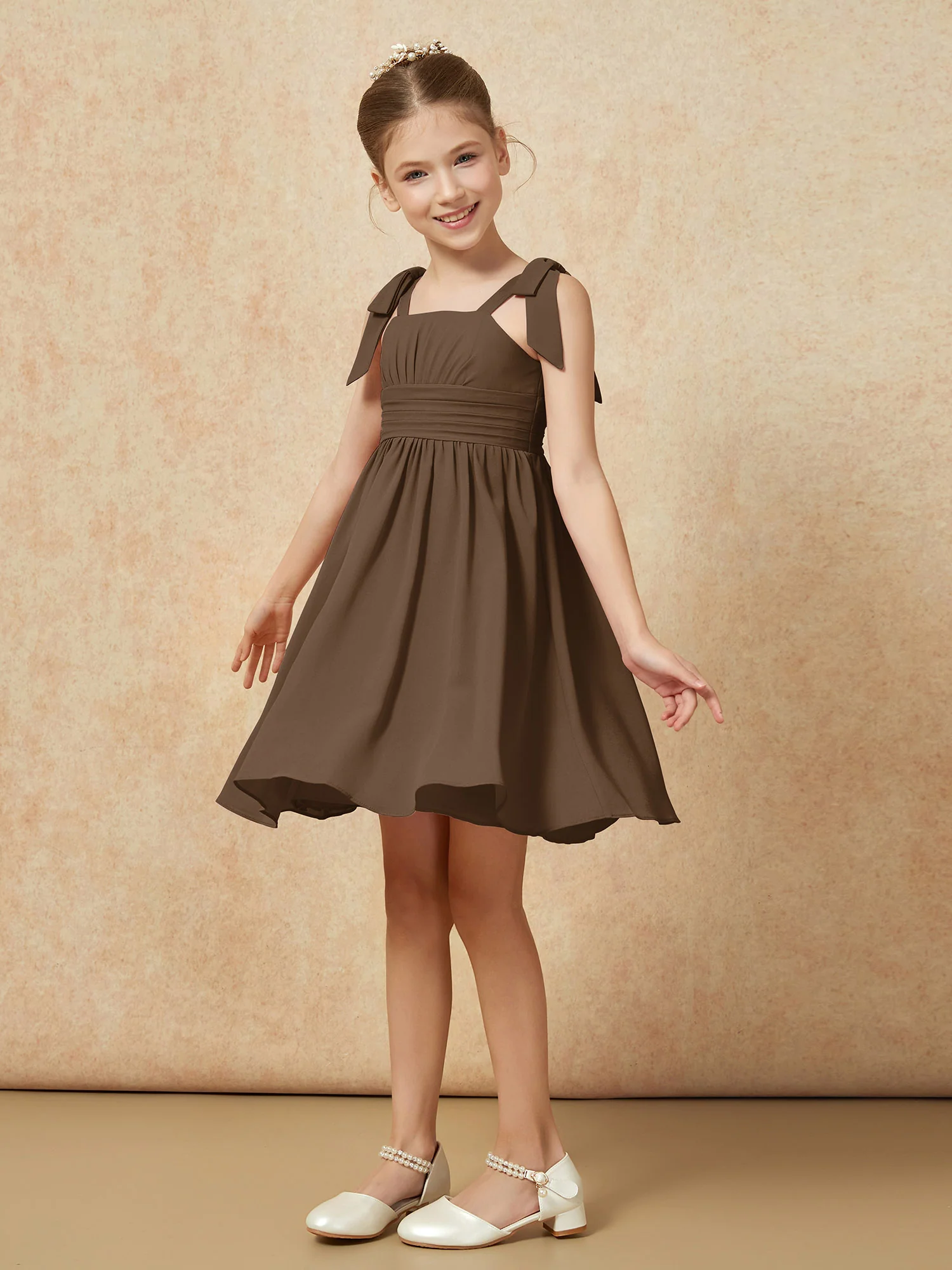 Bowknot Straps Knee-length Junior Bridesmaid Dresses Brown - Image 3