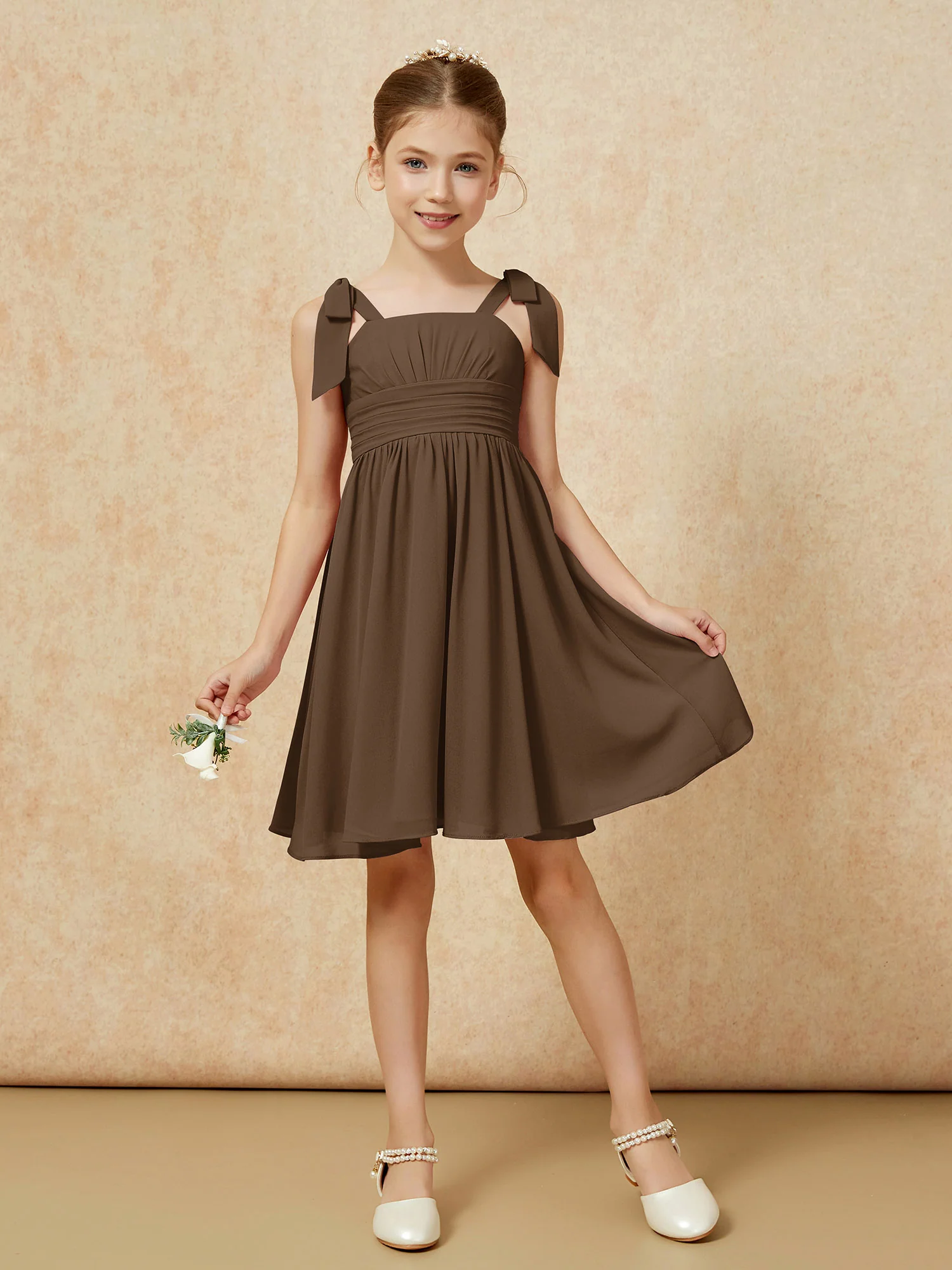 Bowknot Straps Knee-length Junior Bridesmaid Dresses Brown - Image 5