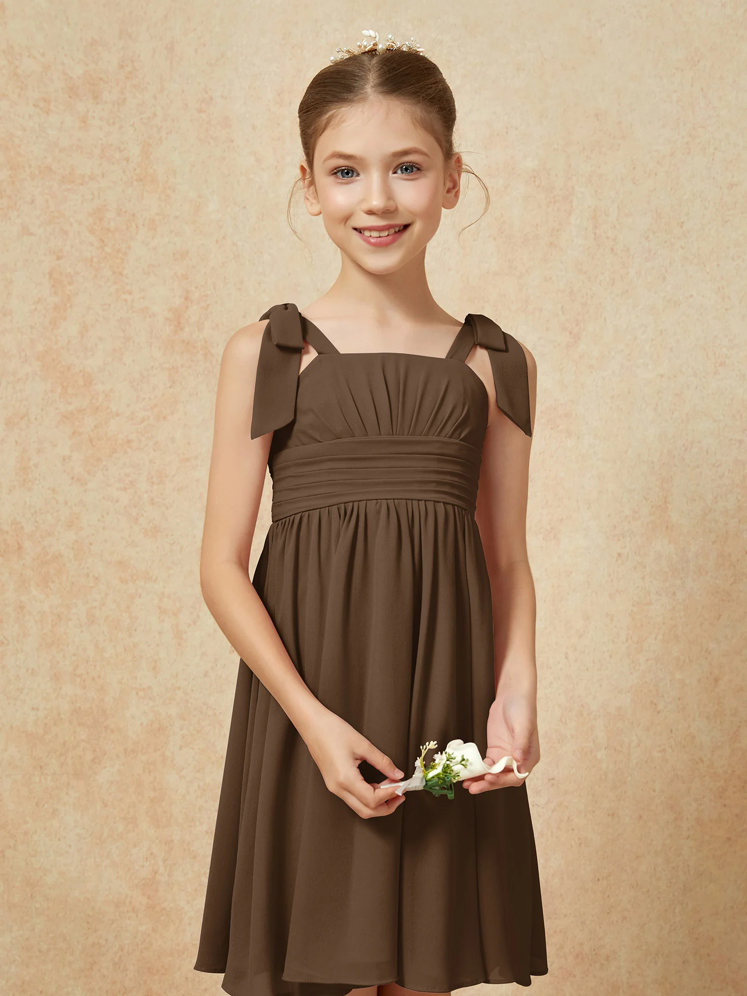 Bowknot Straps Knee-length Junior Bridesmaid Dresses Brown - Image 6