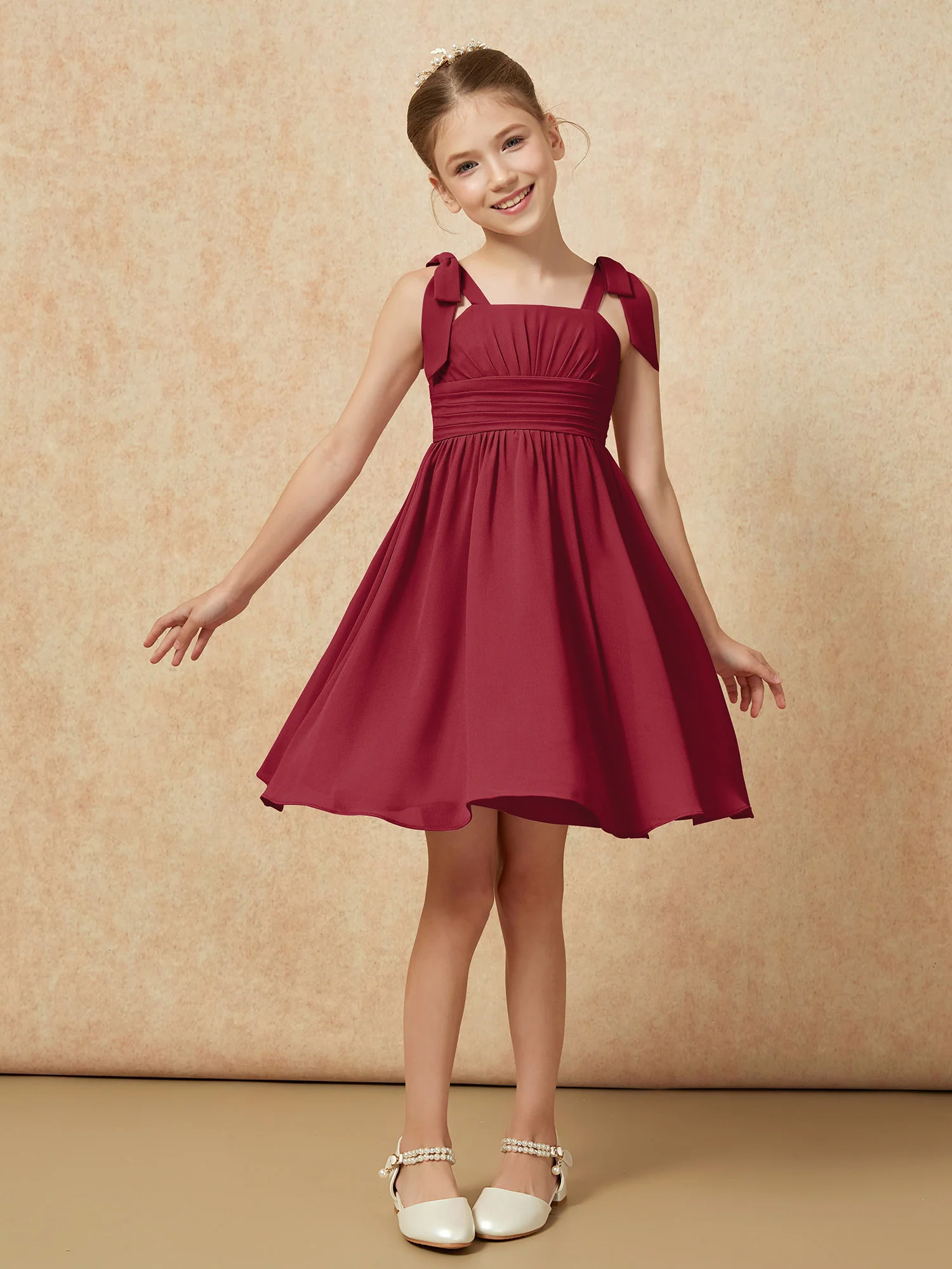 Bowknot Straps Knee-length Junior Bridesmaid Dresses Burgundy