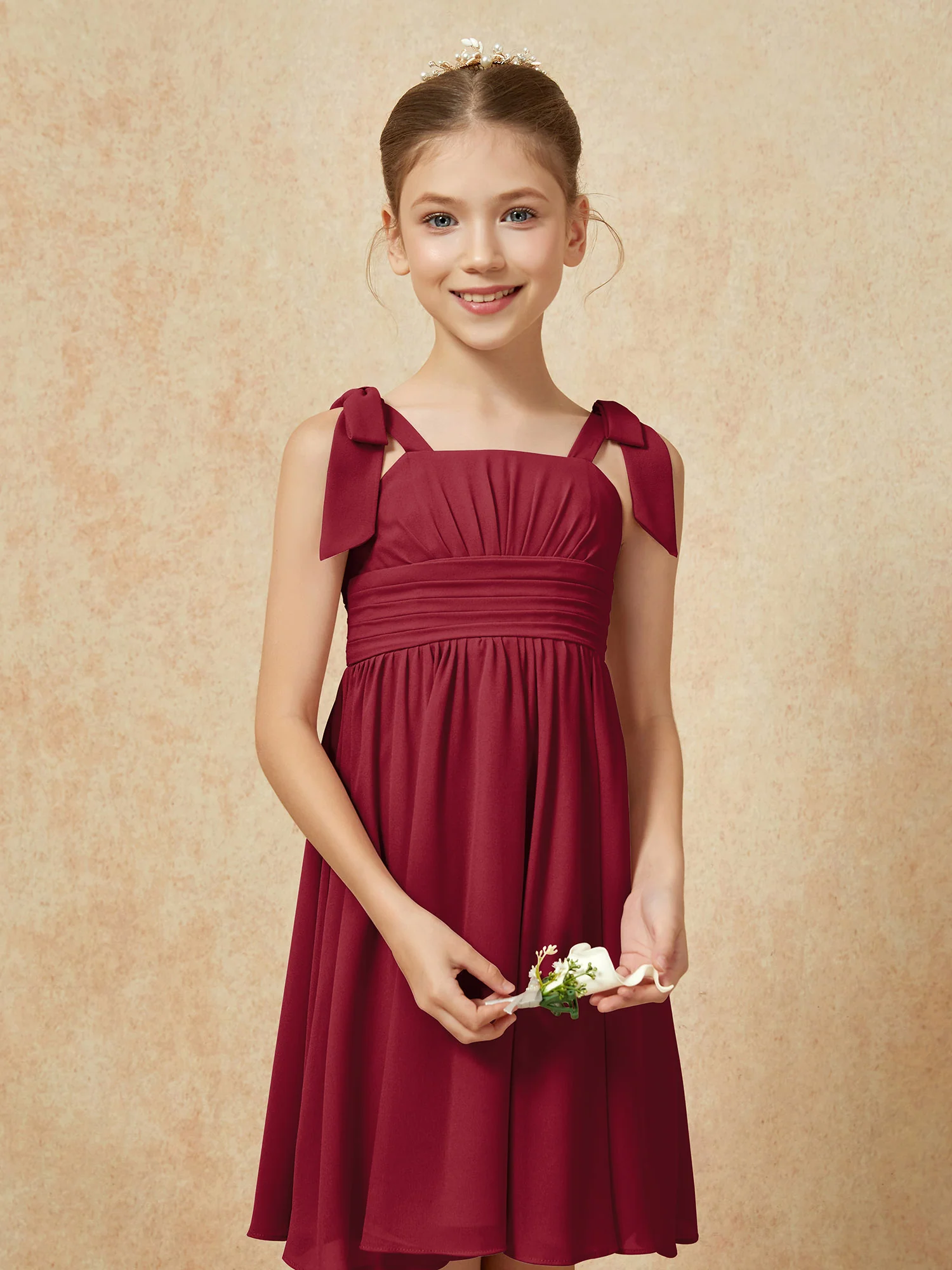 Bowknot Straps Knee-length Junior Bridesmaid Dresses Burgundy - Image 6