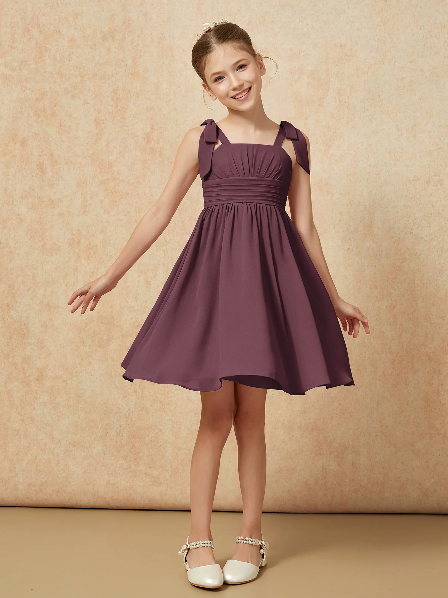 Bowknot Straps Knee-length Junior Bridesmaid Dresses Cabernet