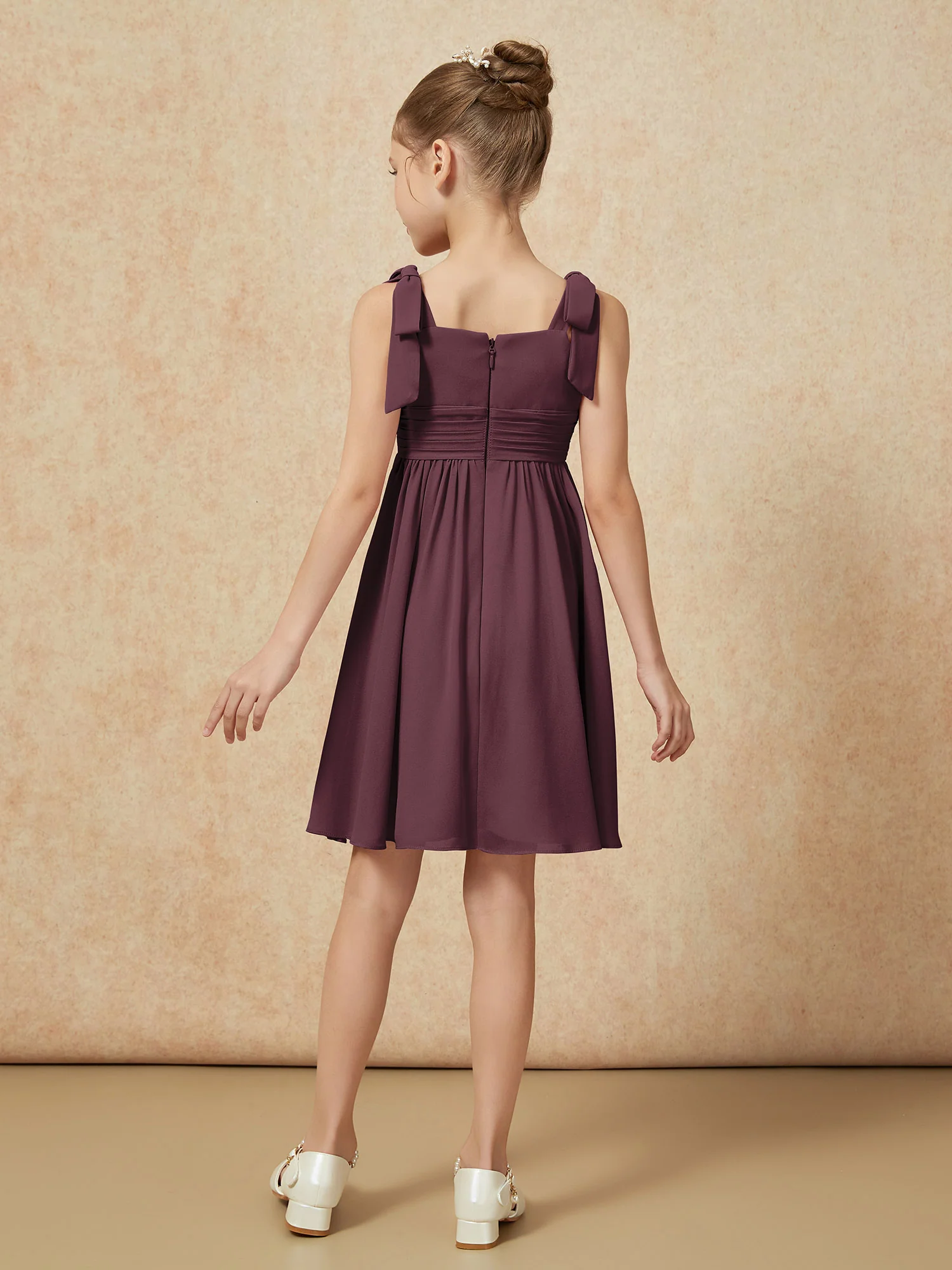 Bowknot Straps Knee-length Junior Bridesmaid Dresses Cabernet - Image 2