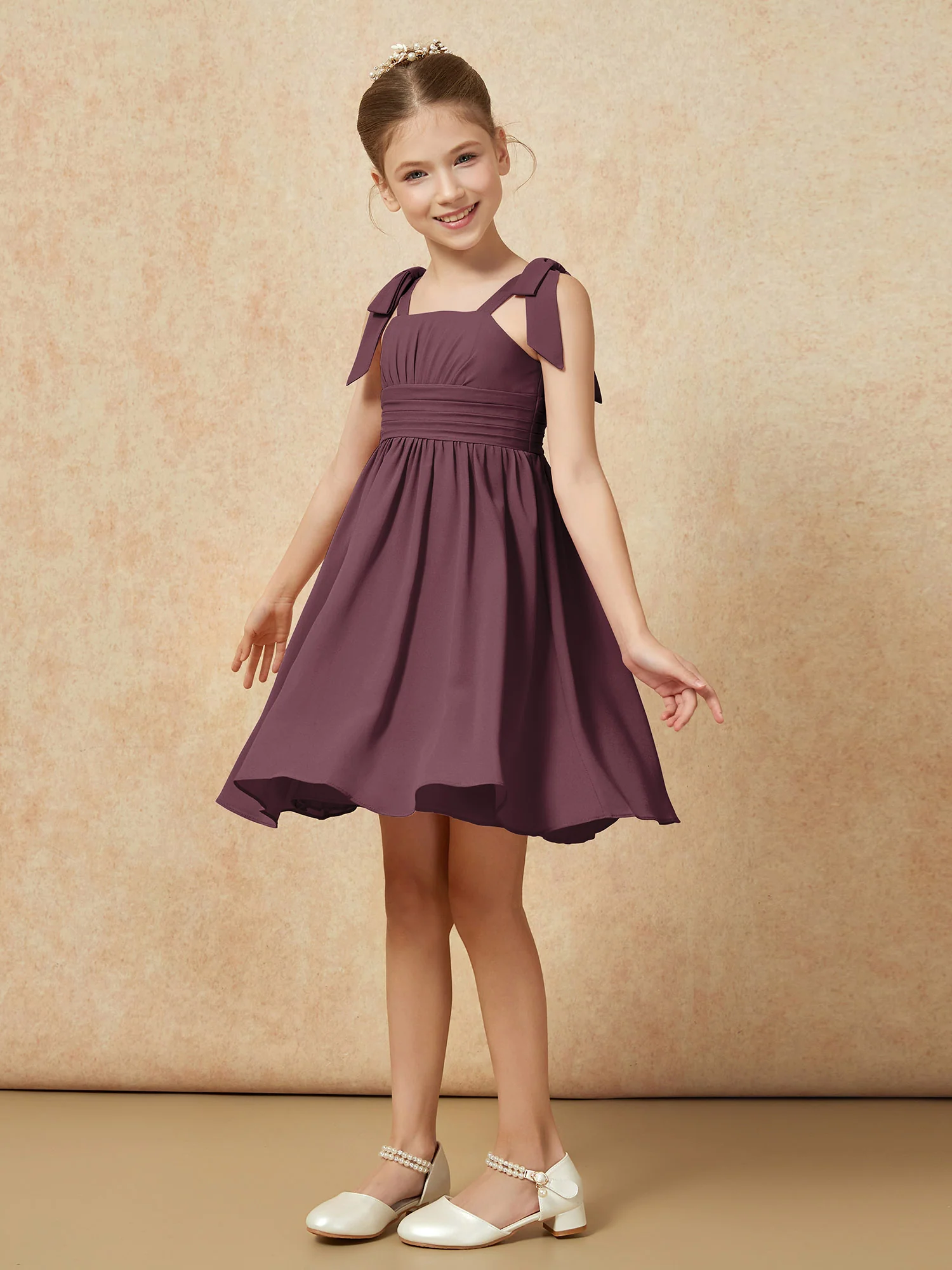 Bowknot Straps Knee-length Junior Bridesmaid Dresses Cabernet - Image 3