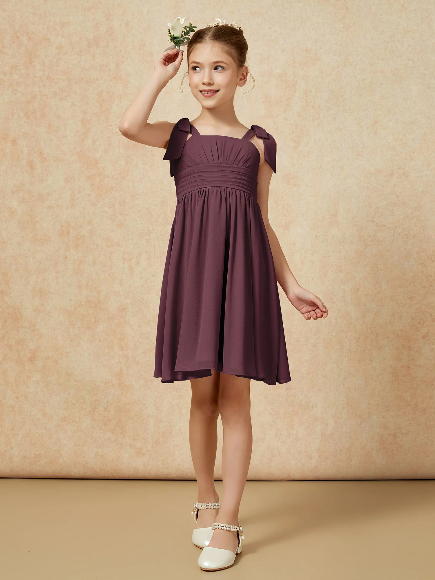 Bowknot Straps Knee-length Junior Bridesmaid Dresses Cabernet - Image 4