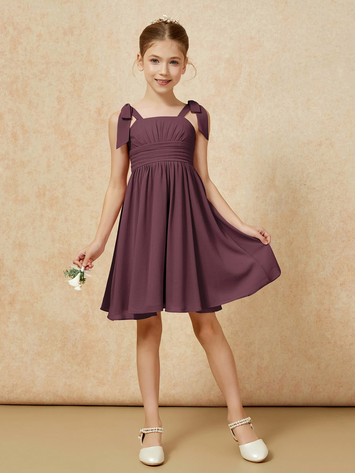 Bowknot Straps Knee-length Junior Bridesmaid Dresses Cabernet - Image 5