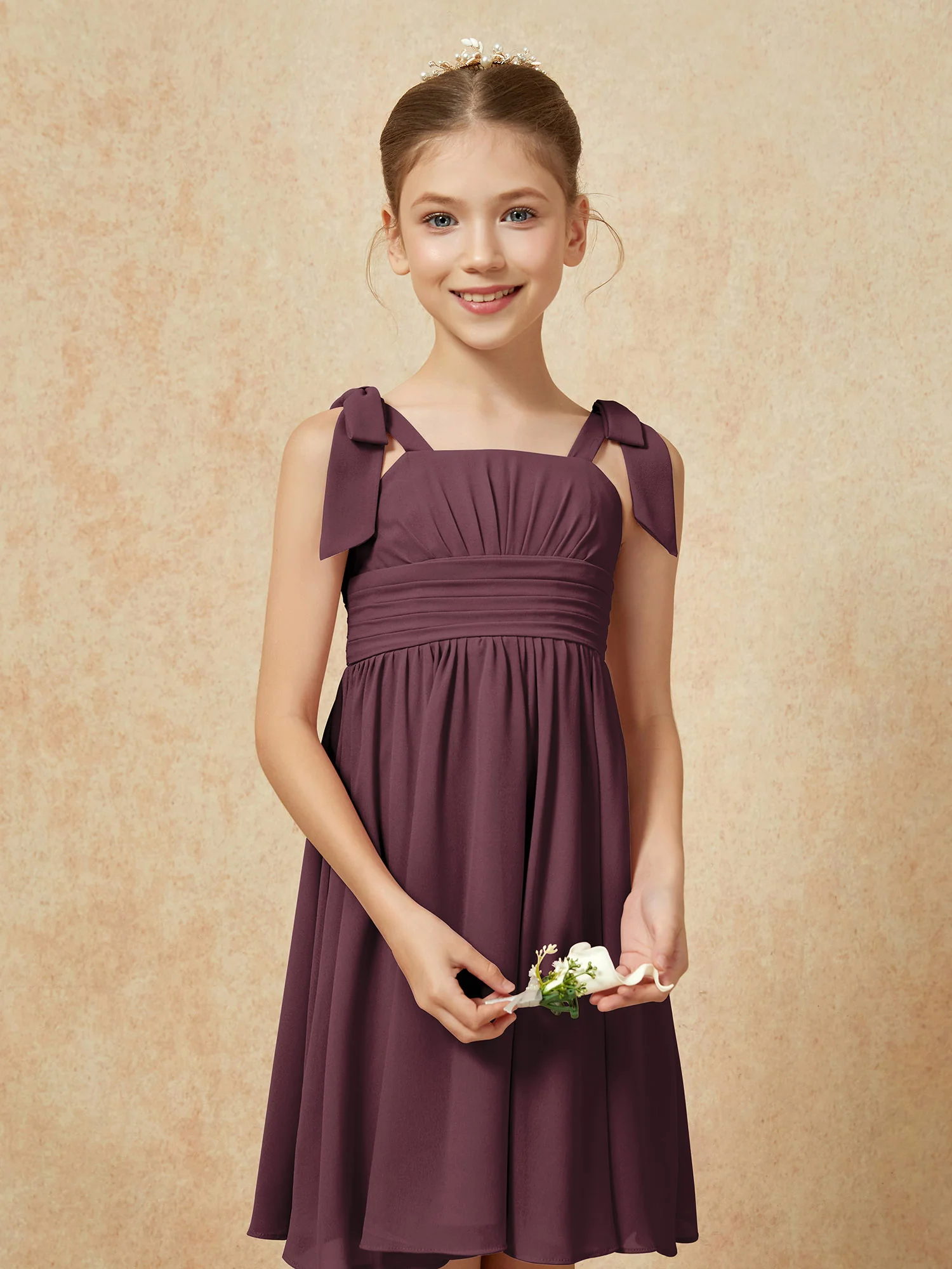 Bowknot Straps Knee-length Junior Bridesmaid Dresses Cabernet - Image 6