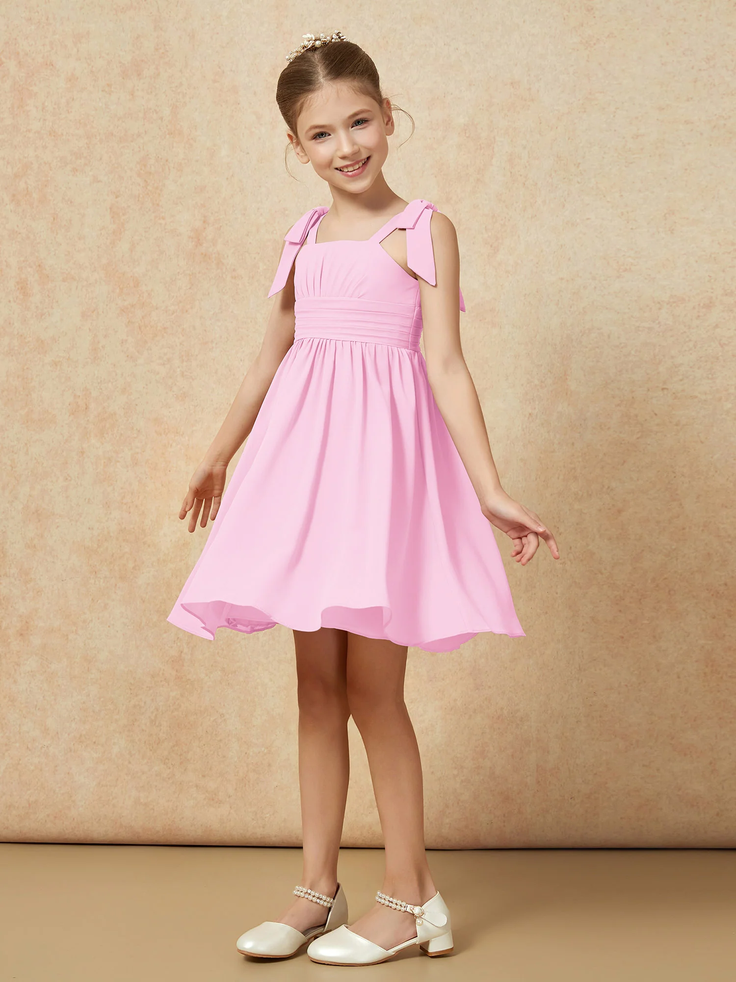 Bowknot Straps Knee-length Junior Bridesmaid Dresses Candy Pink - Image 3