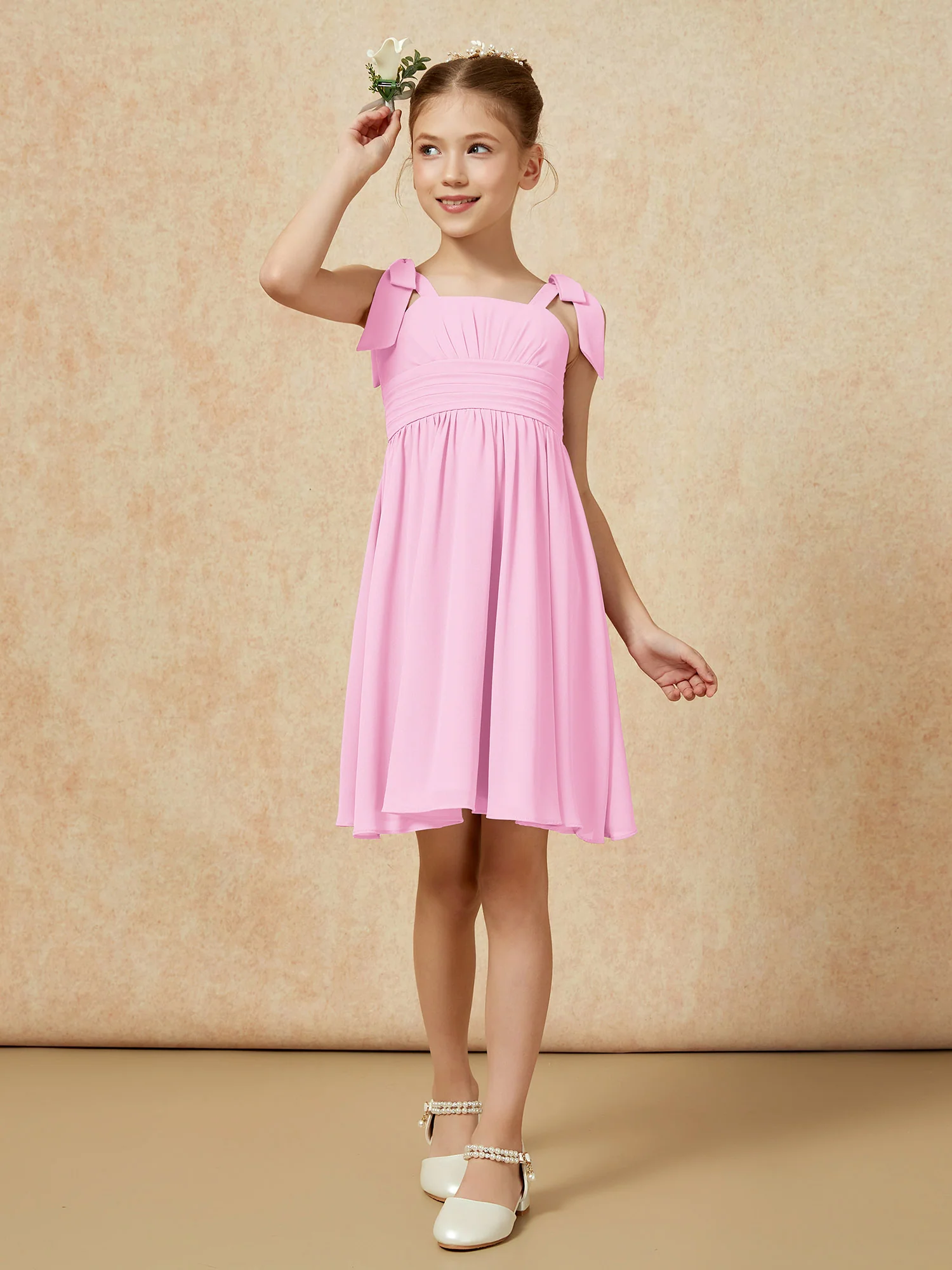 Bowknot Straps Knee-length Junior Bridesmaid Dresses Candy Pink - Image 4