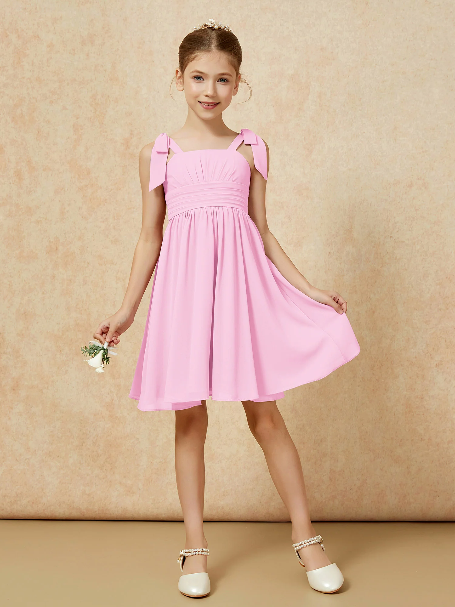 Bowknot Straps Knee-length Junior Bridesmaid Dresses Candy Pink - Image 5