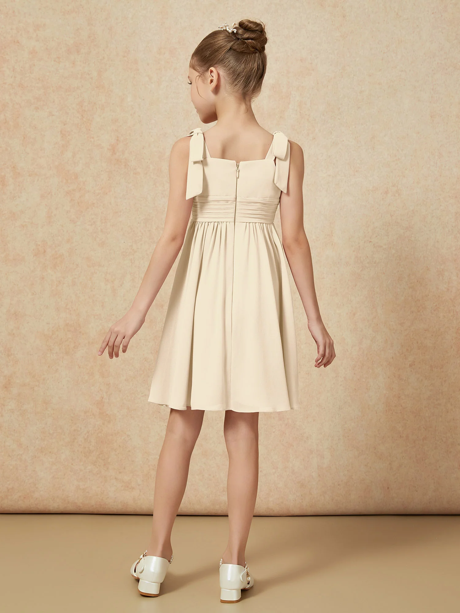 Bowknot Straps Knee-length Junior Bridesmaid Dresses Champagne - Image 2