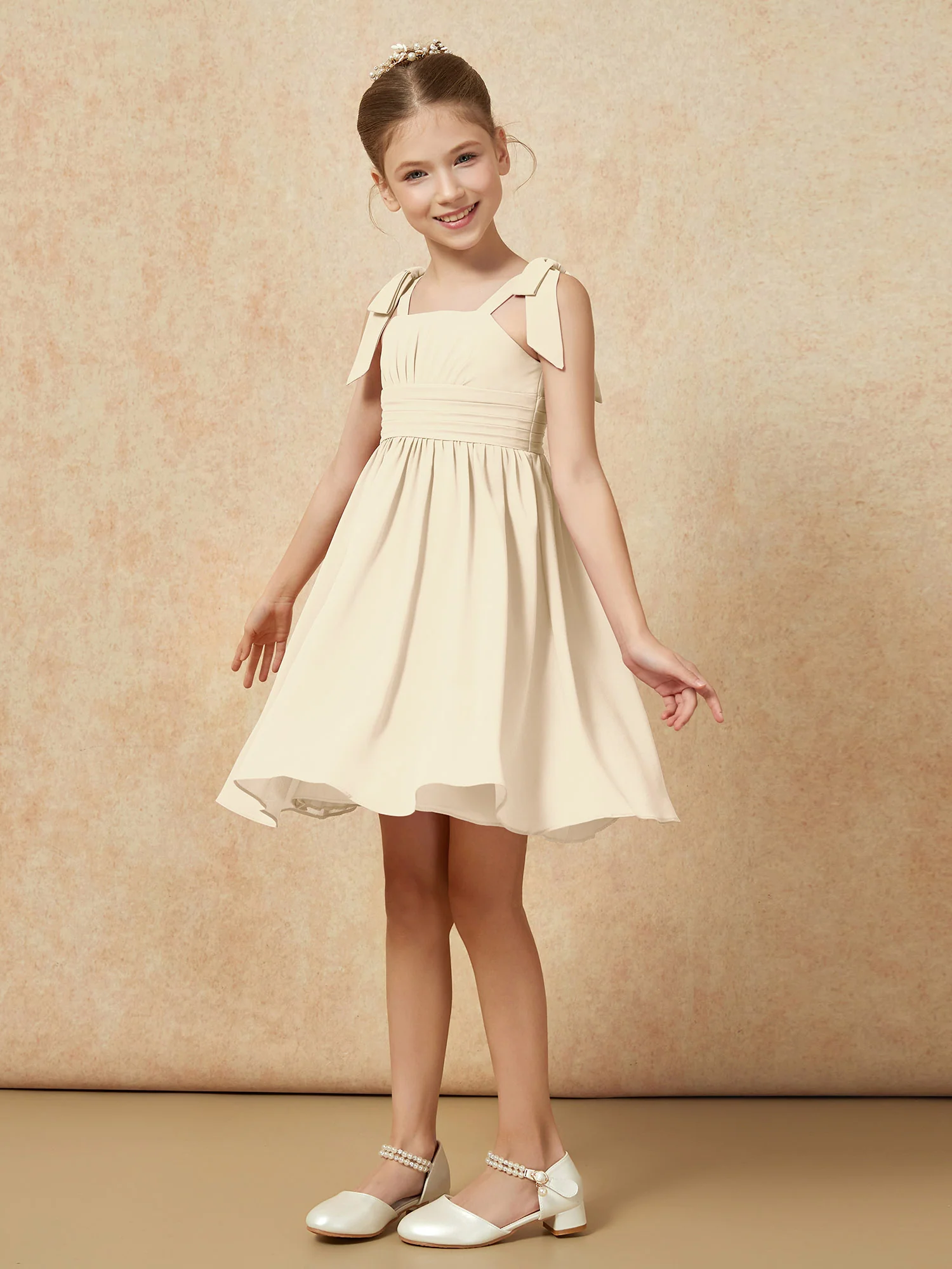 Bowknot Straps Knee-length Junior Bridesmaid Dresses Champagne - Image 3