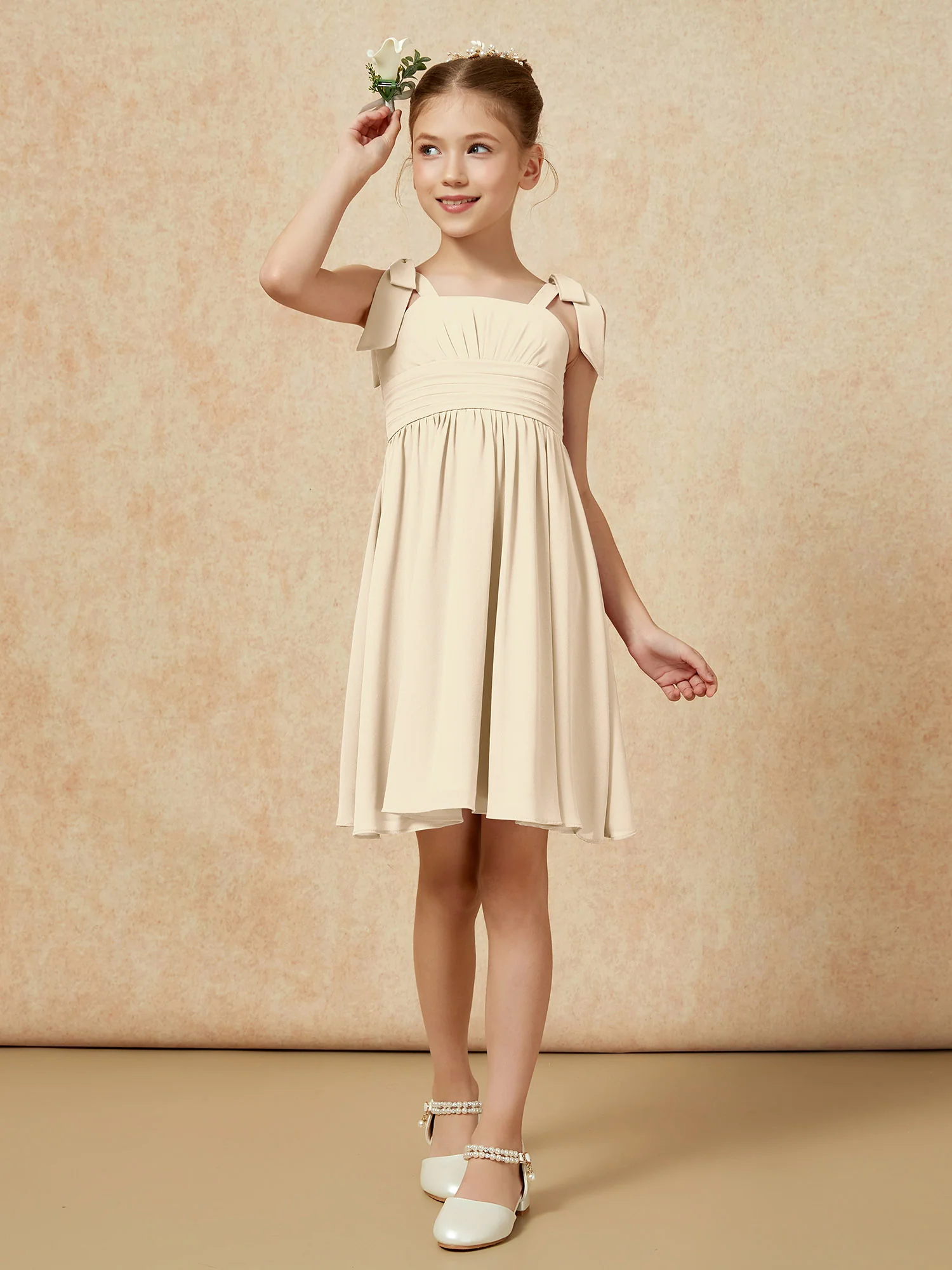 Bowknot Straps Knee-length Junior Bridesmaid Dresses Champagne - Image 4