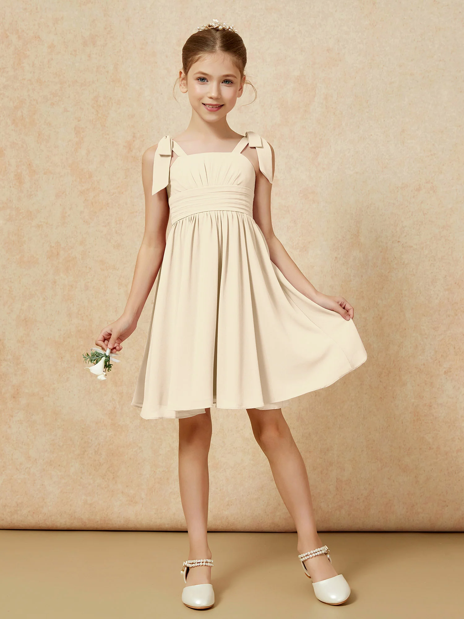 Bowknot Straps Knee-length Junior Bridesmaid Dresses Champagne - Image 5