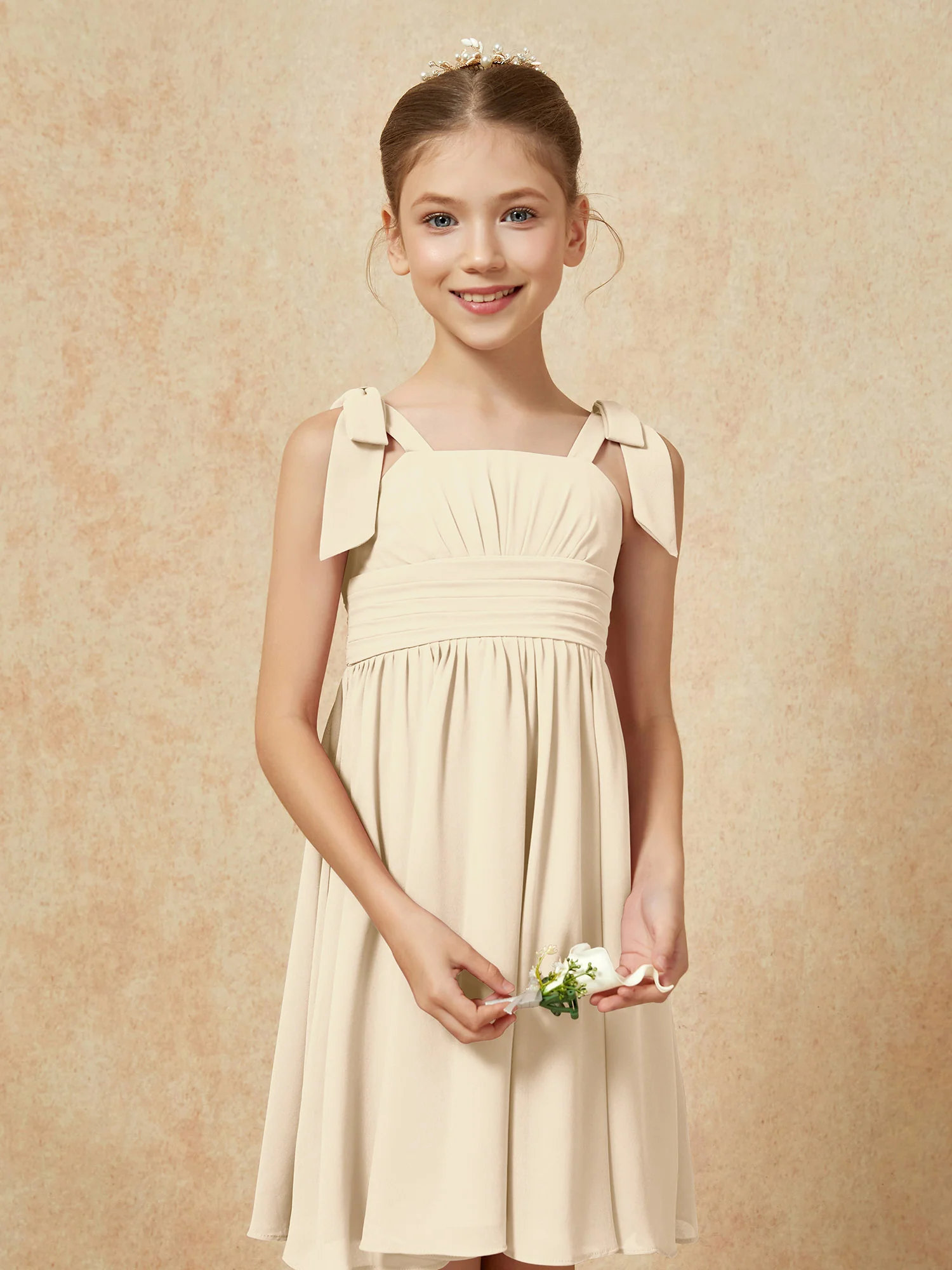 Bowknot Straps Knee-length Junior Bridesmaid Dresses Champagne - Image 6