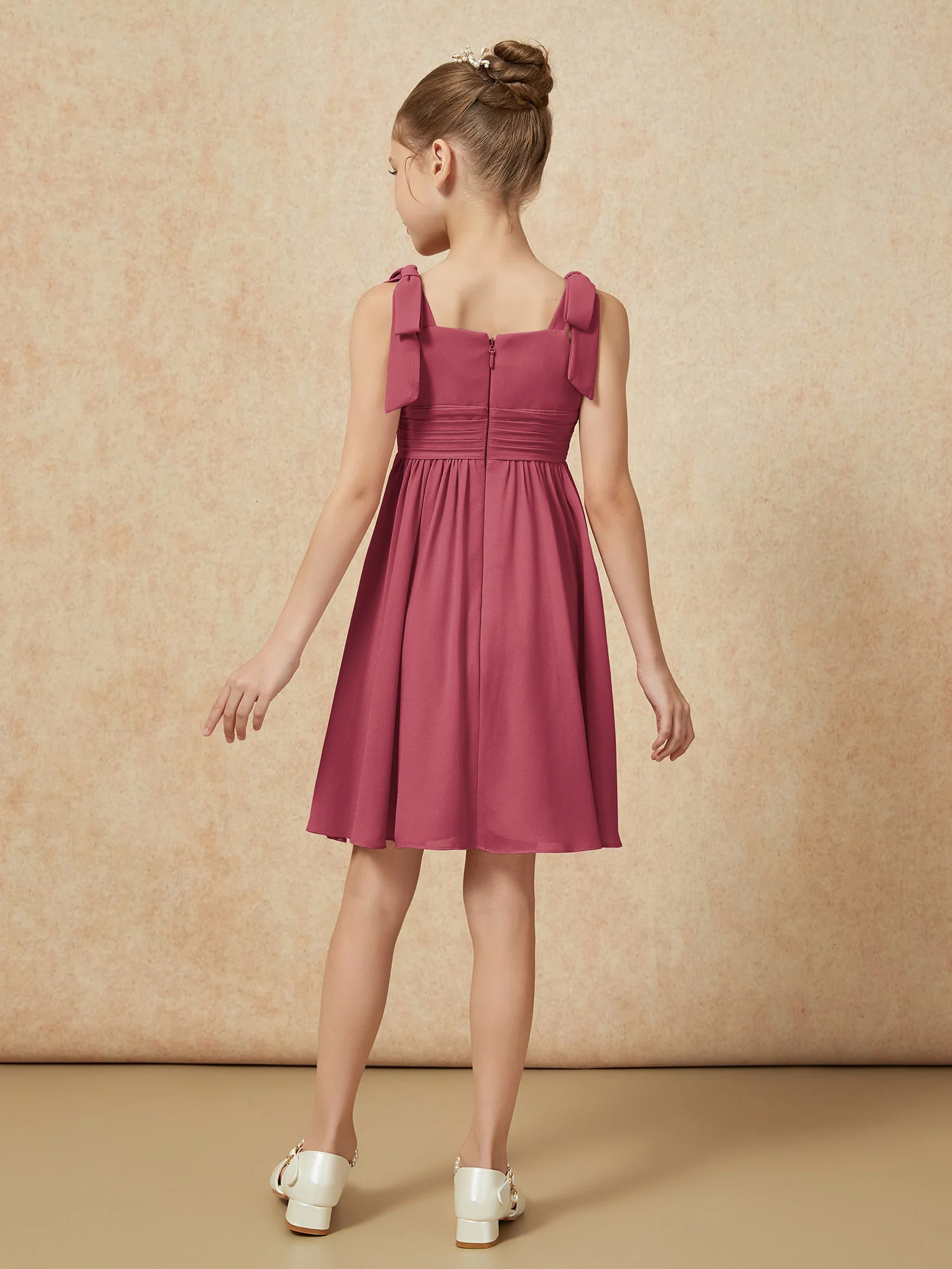 Bowknot Straps Knee-length Junior Bridesmaid Dresses Cinnamon Rose - Image 2