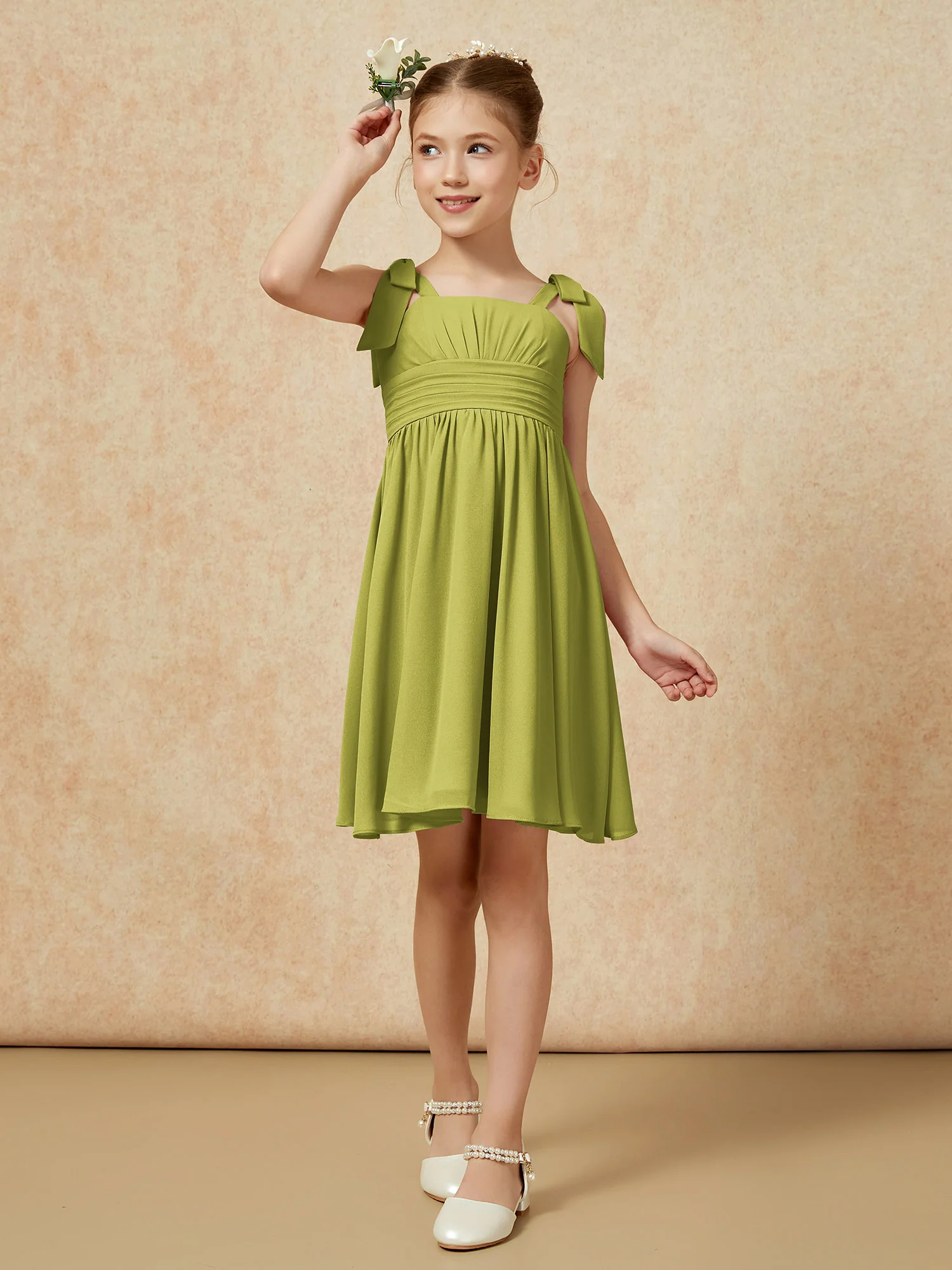 Bowknot Straps Knee-length Junior Bridesmaid Dresses Clover - Image 4