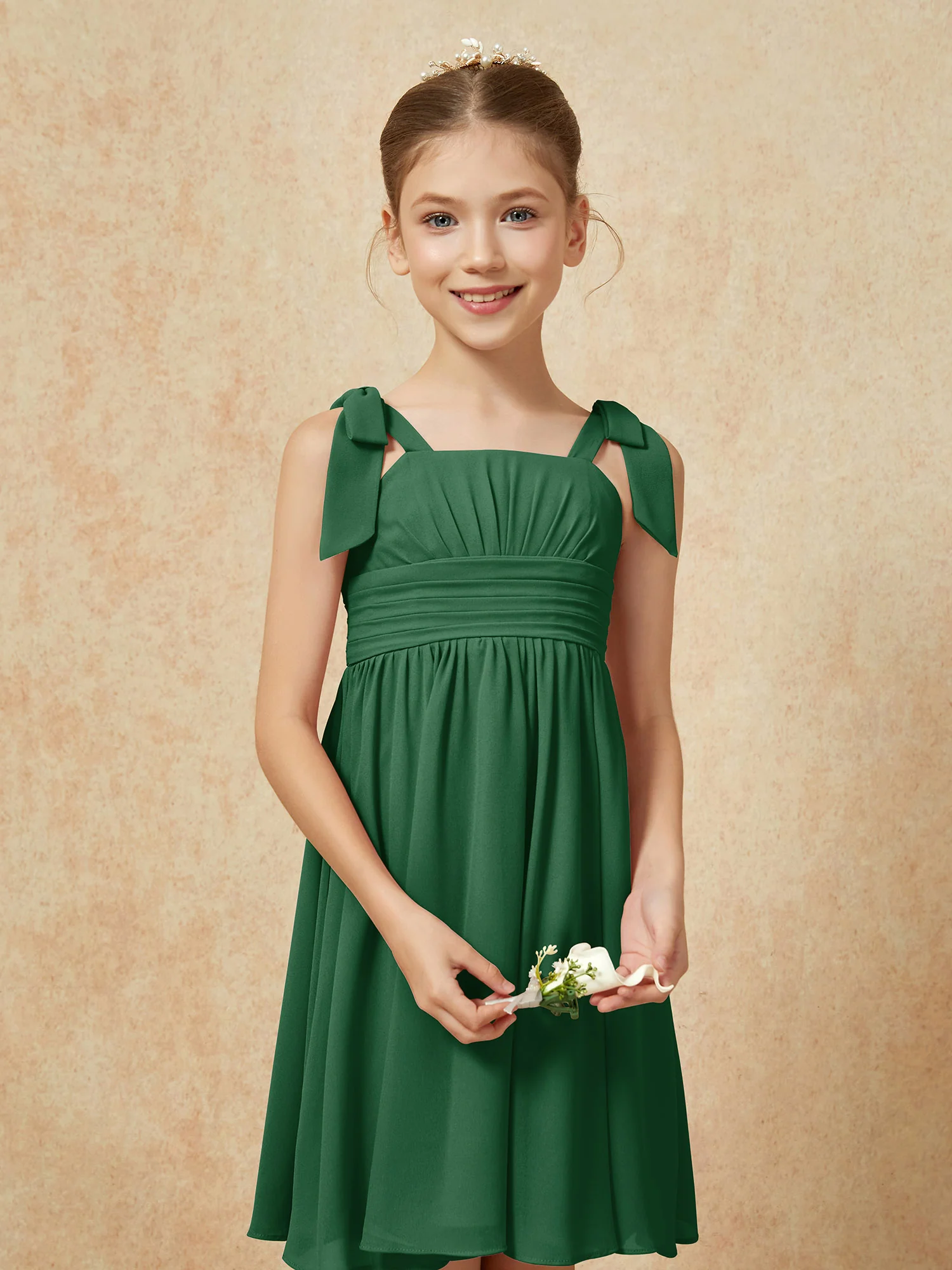 Bowknot Straps Knee-length Junior Bridesmaid Dresses Dark Green - Image 6