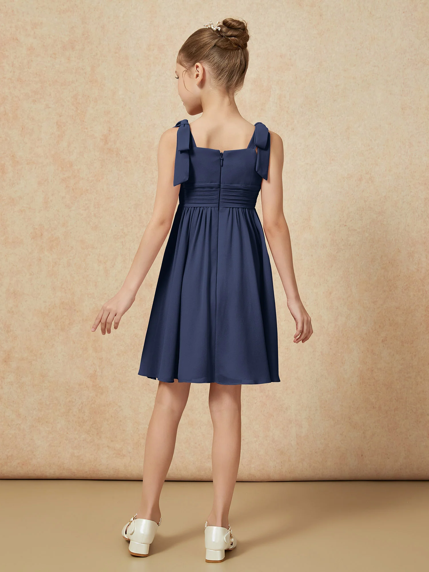 Bowknot Straps Knee-length Junior Bridesmaid Dresses Dark Navy - Image 2