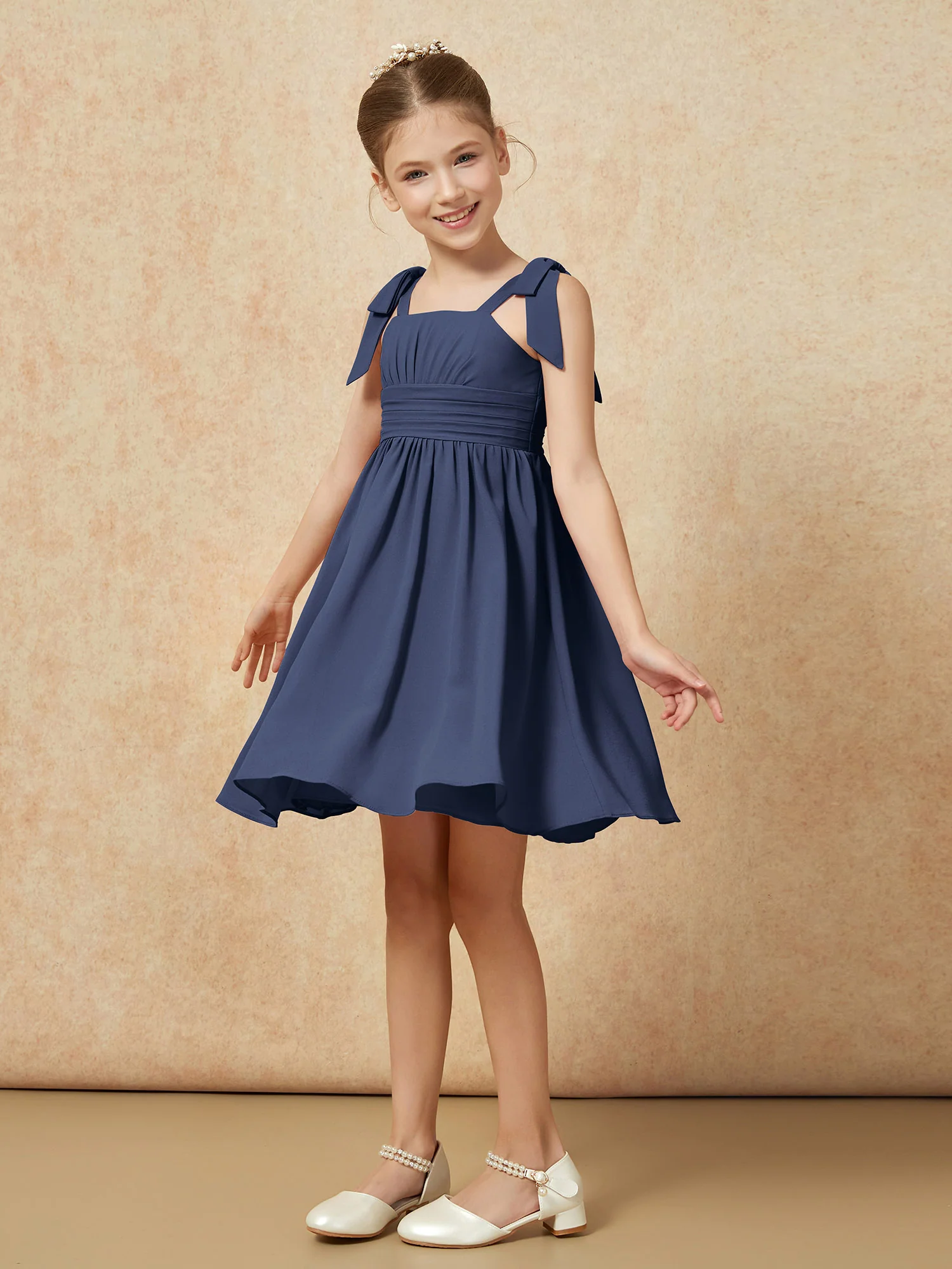 Bowknot Straps Knee-length Junior Bridesmaid Dresses Dark Navy - Image 3